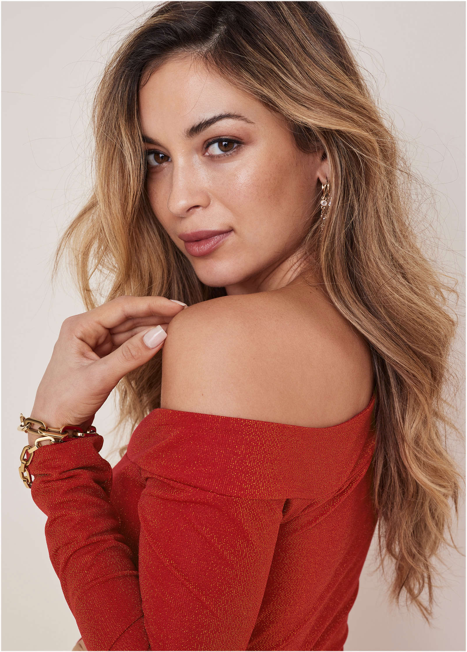 Glitter Knit One Shoulder Top - Racing Red Glitter Knit - Image 4