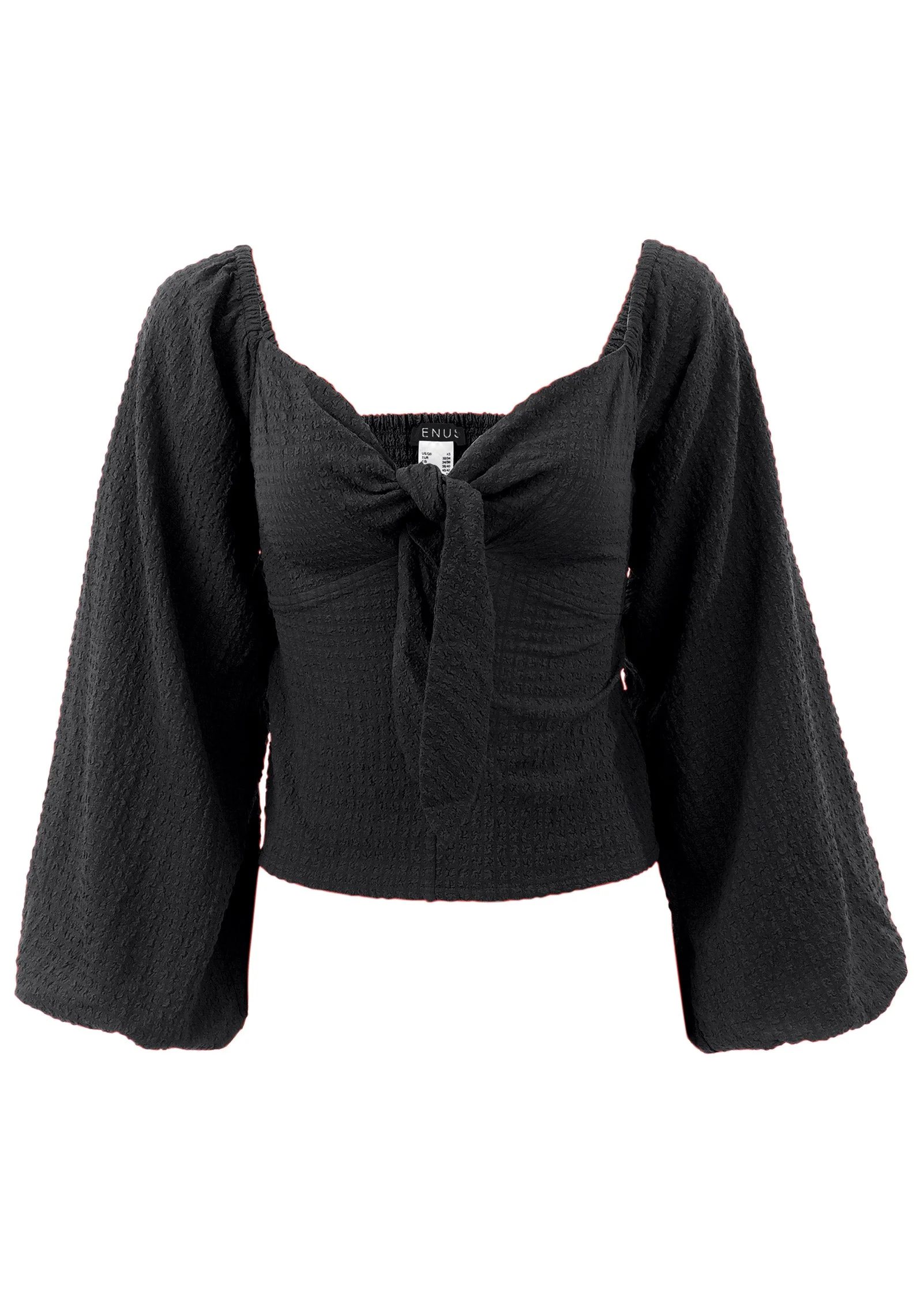 Textured Tie Front Top - Black - Image 5