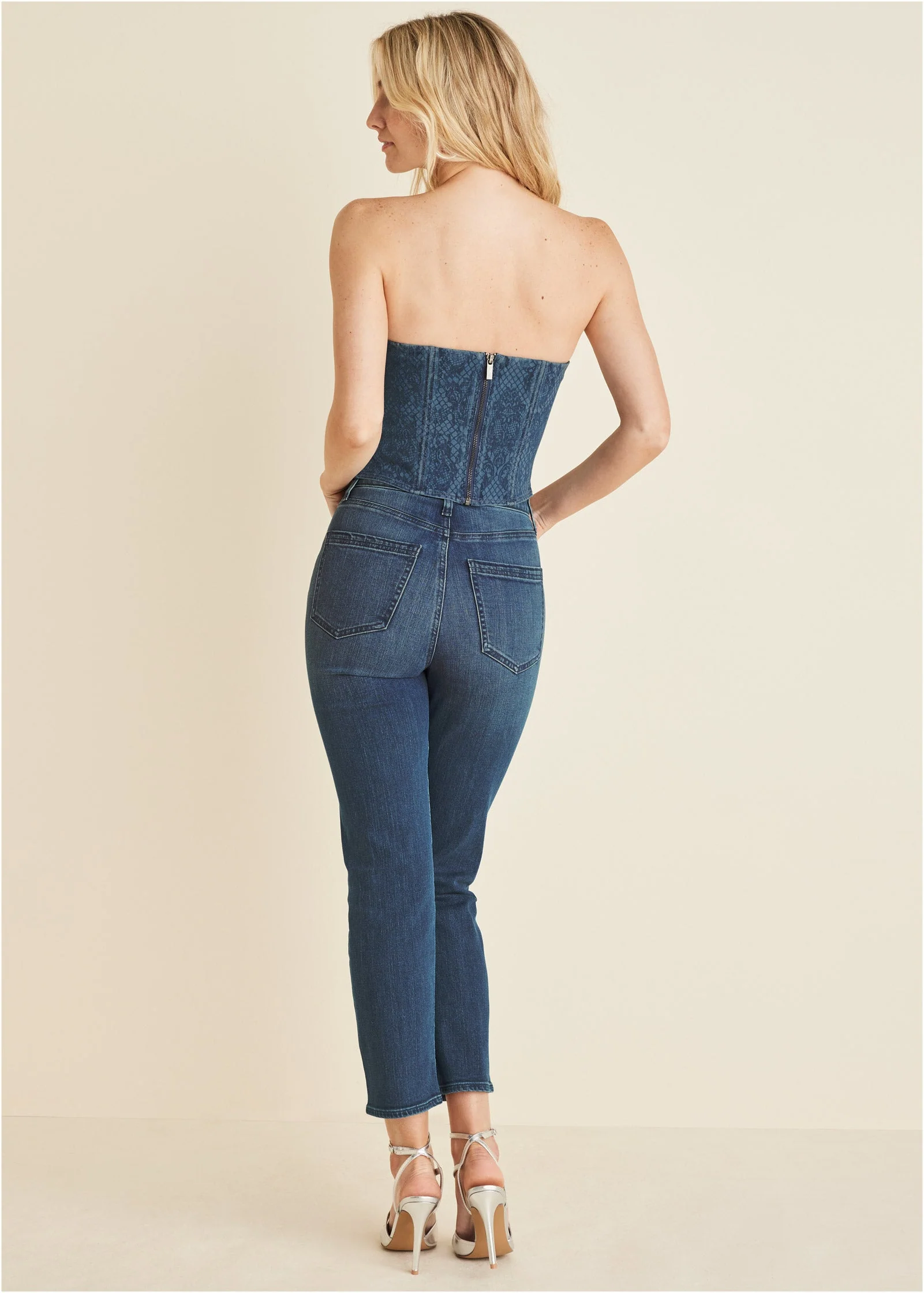 Lace Print Denim Corset - Medium Wash - Image 2