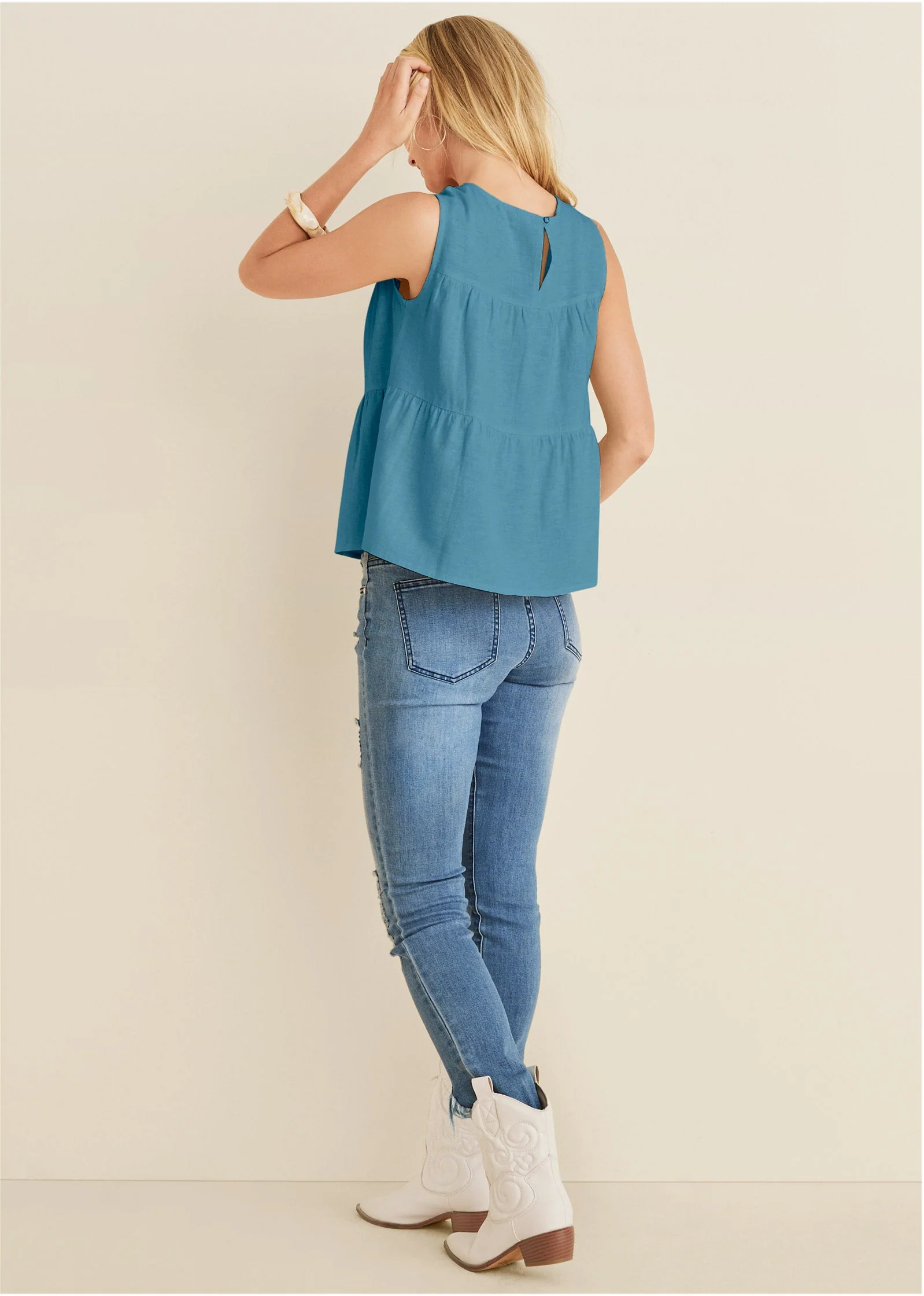 Linen Tiered Tank Top - Blue - Image 2