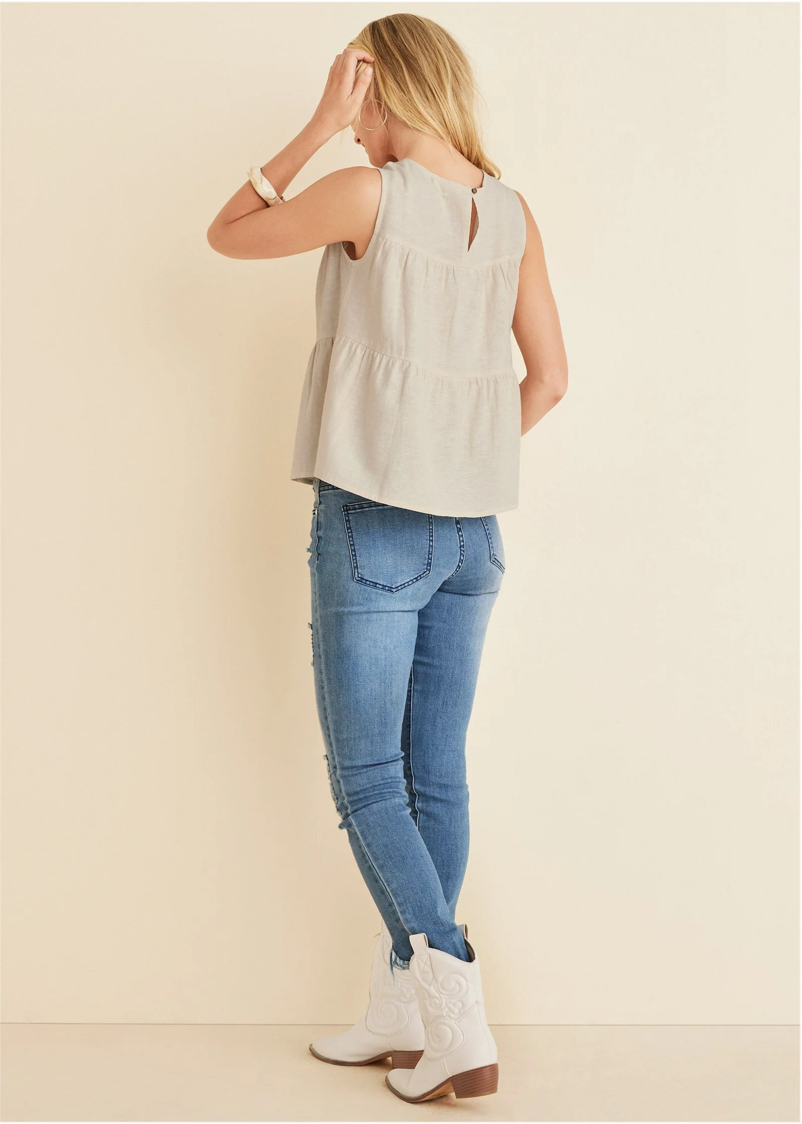 Linen Tiered Tank Top - Cream - Image 2