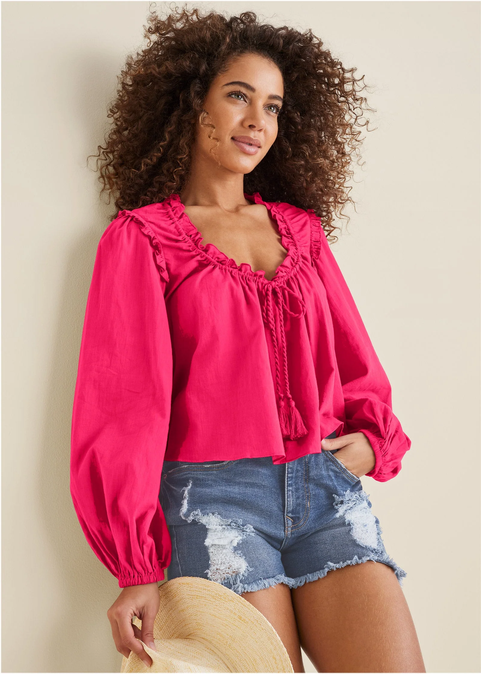 Tassel Long Sleeve Top - Dark Pink - Image 5