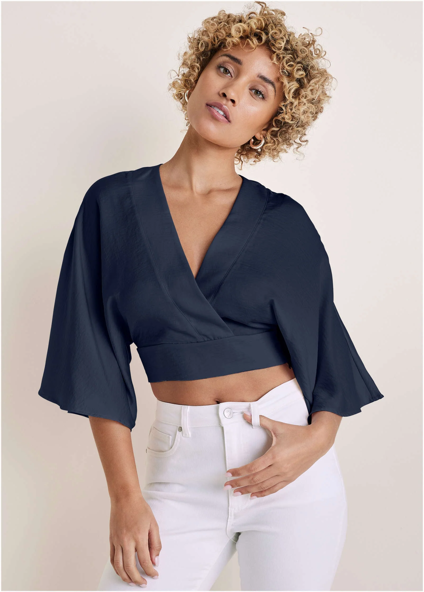 Kimono Sleeve Faux Wrap Top - Navy - Image 2