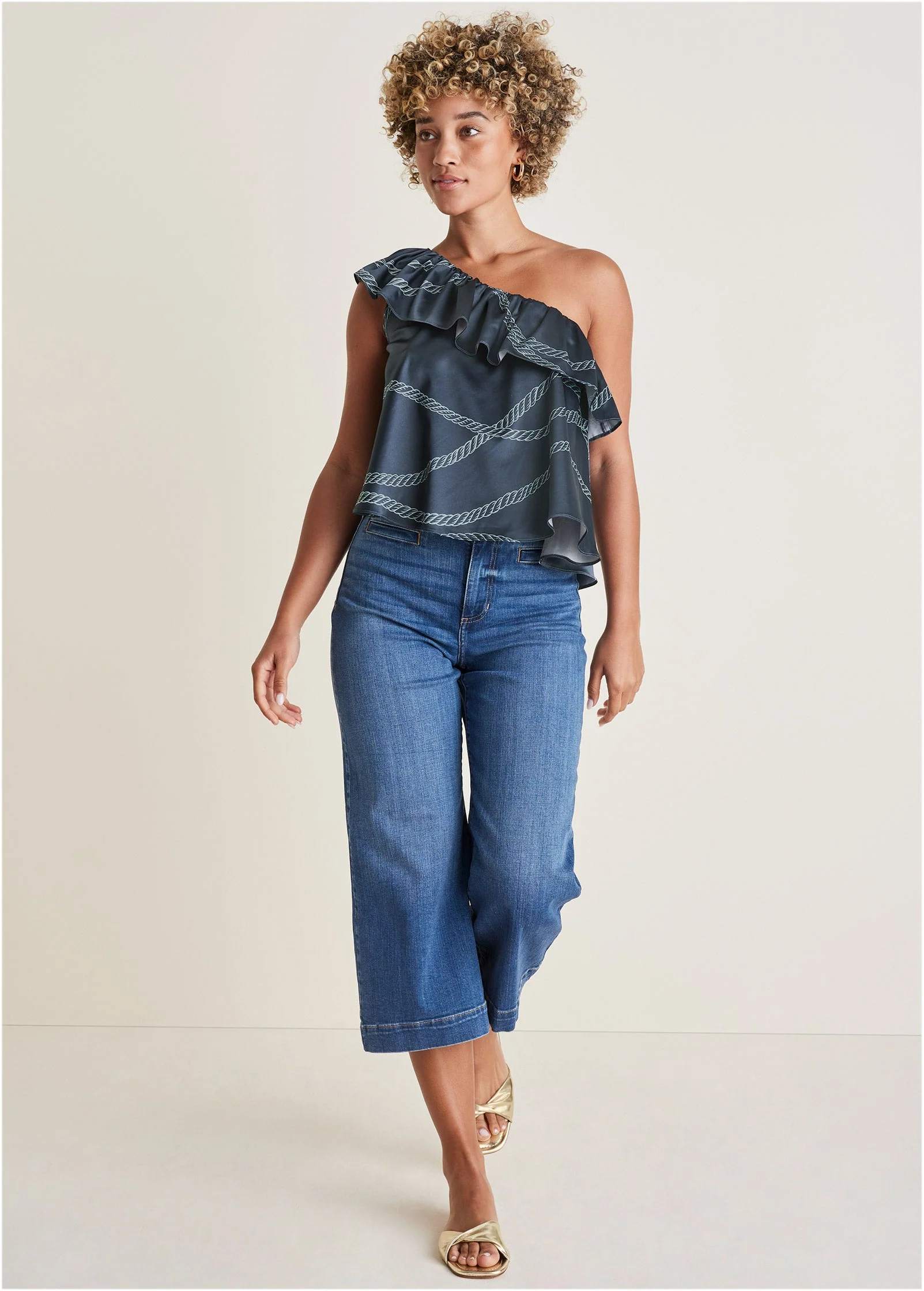 One Shoulder Ruffle Top - Yacht Rope Print - Image 2