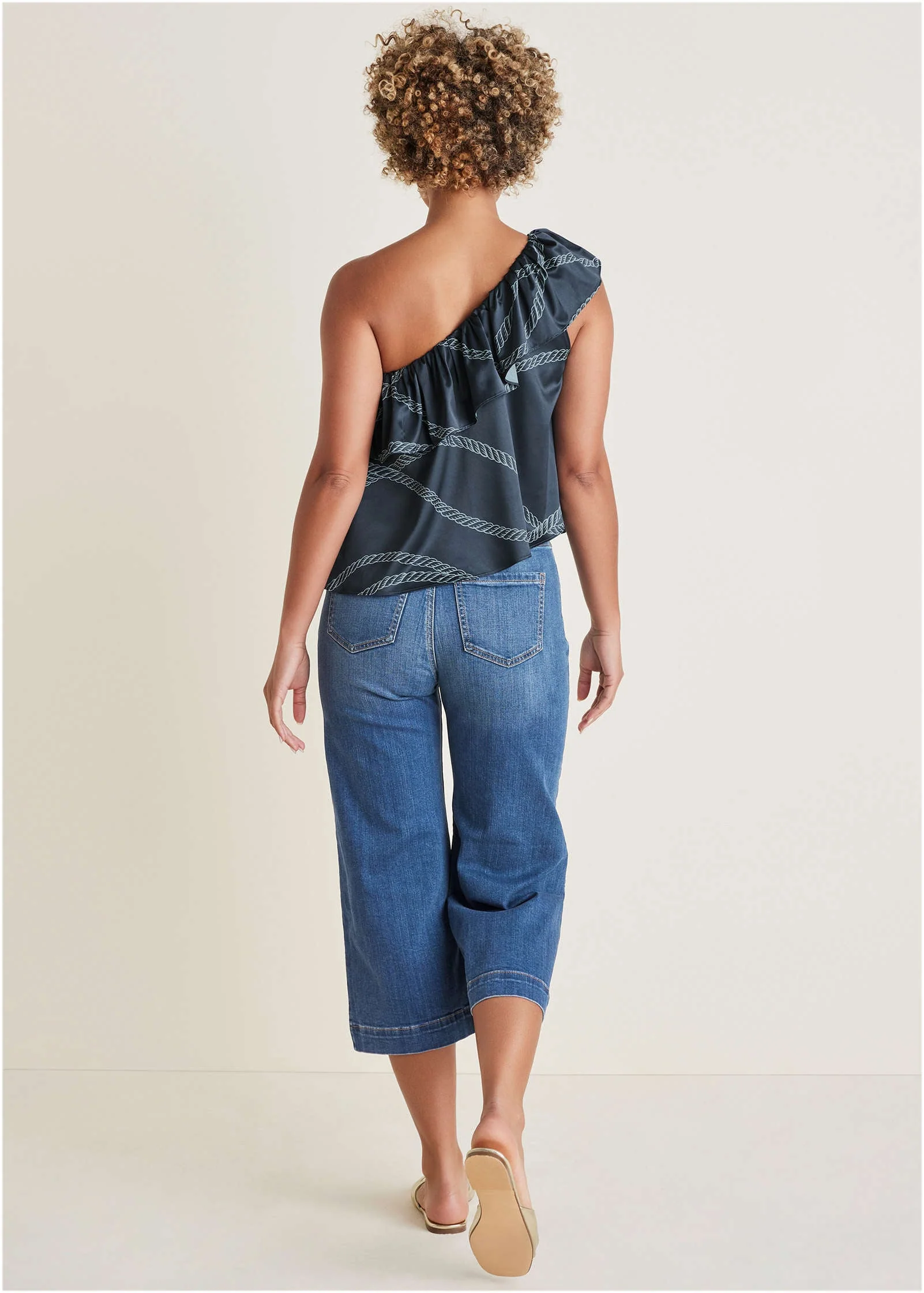One Shoulder Ruffle Top - Yacht Rope Print - Image 3