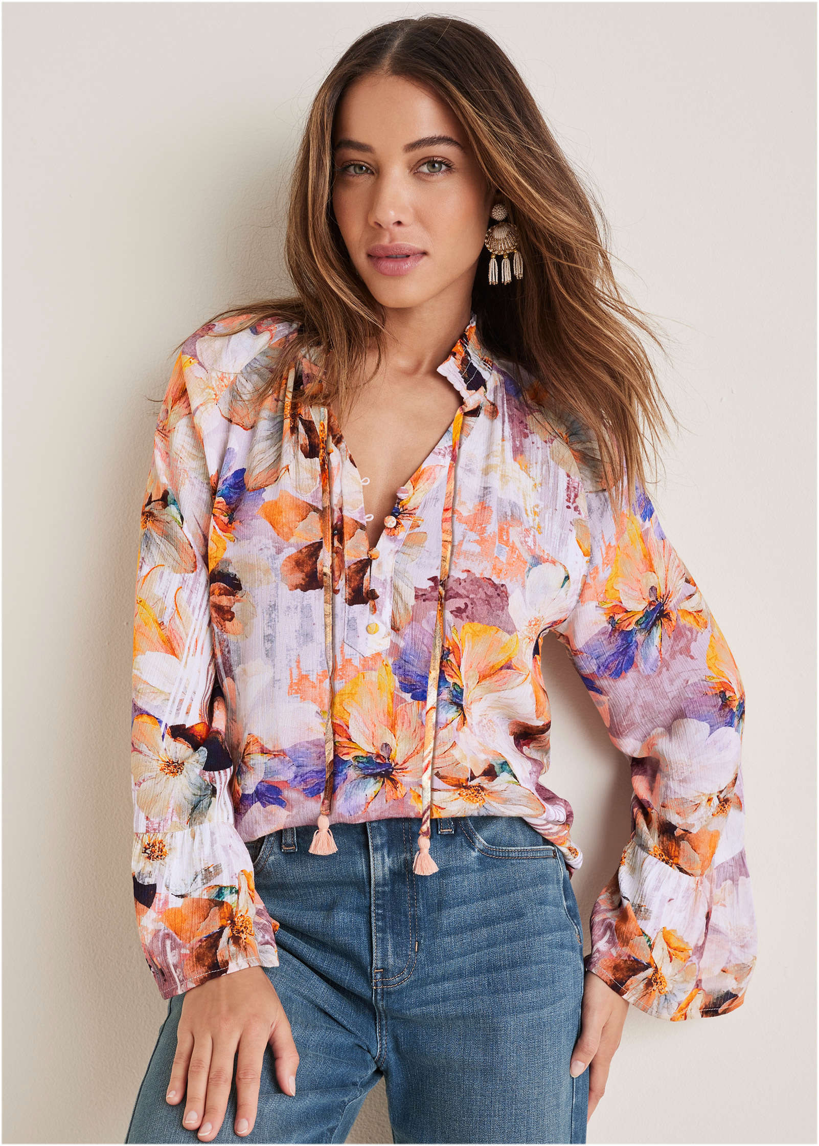 Ruffle Sleeve Floral Blouse - Digital Wildflowers