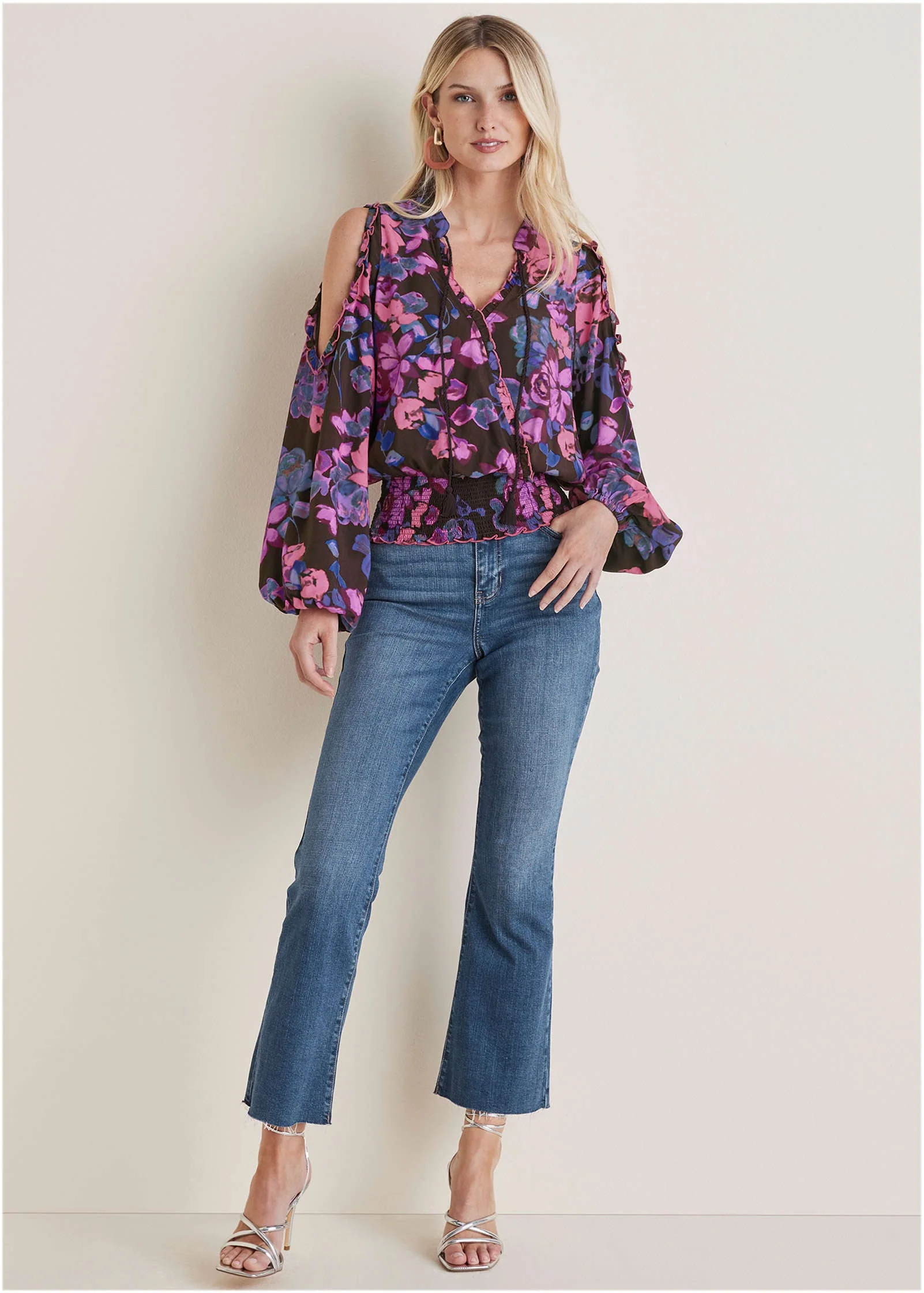 Ruffle Cold Shoulder Blouse - Electric Bouquet - Image 3