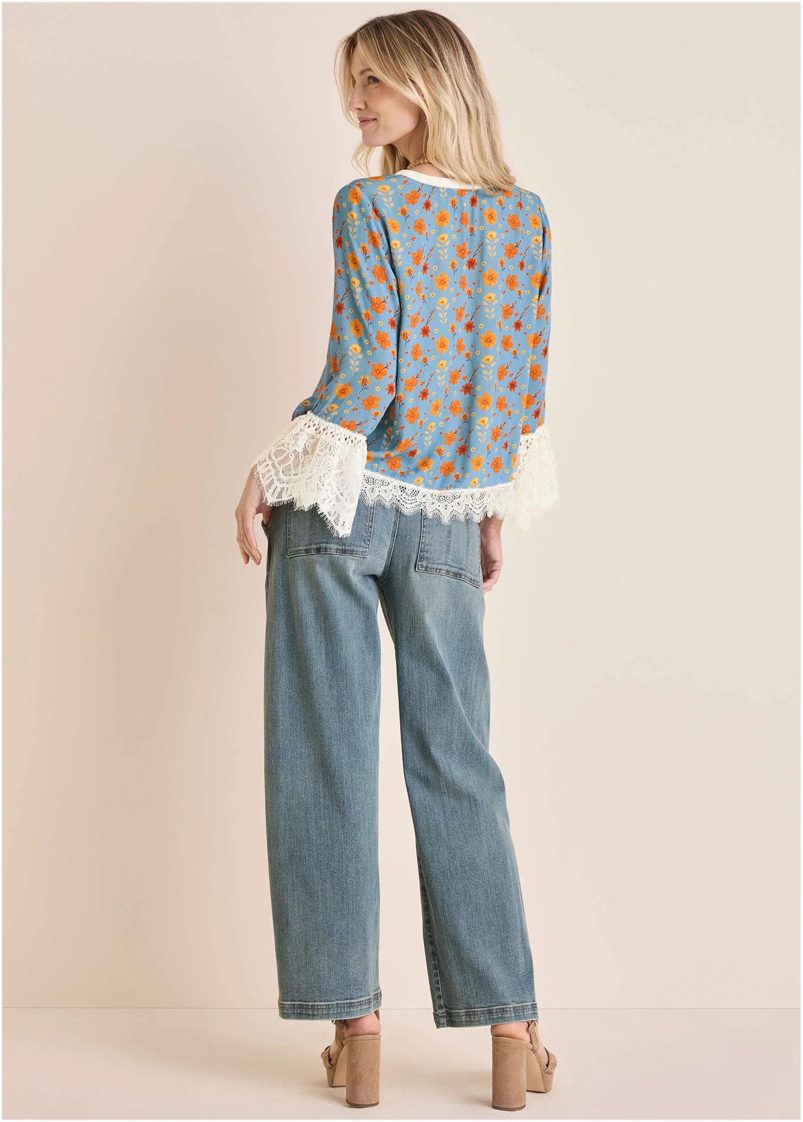 Lace Trim Woven Top - Blue Multi - Image 3