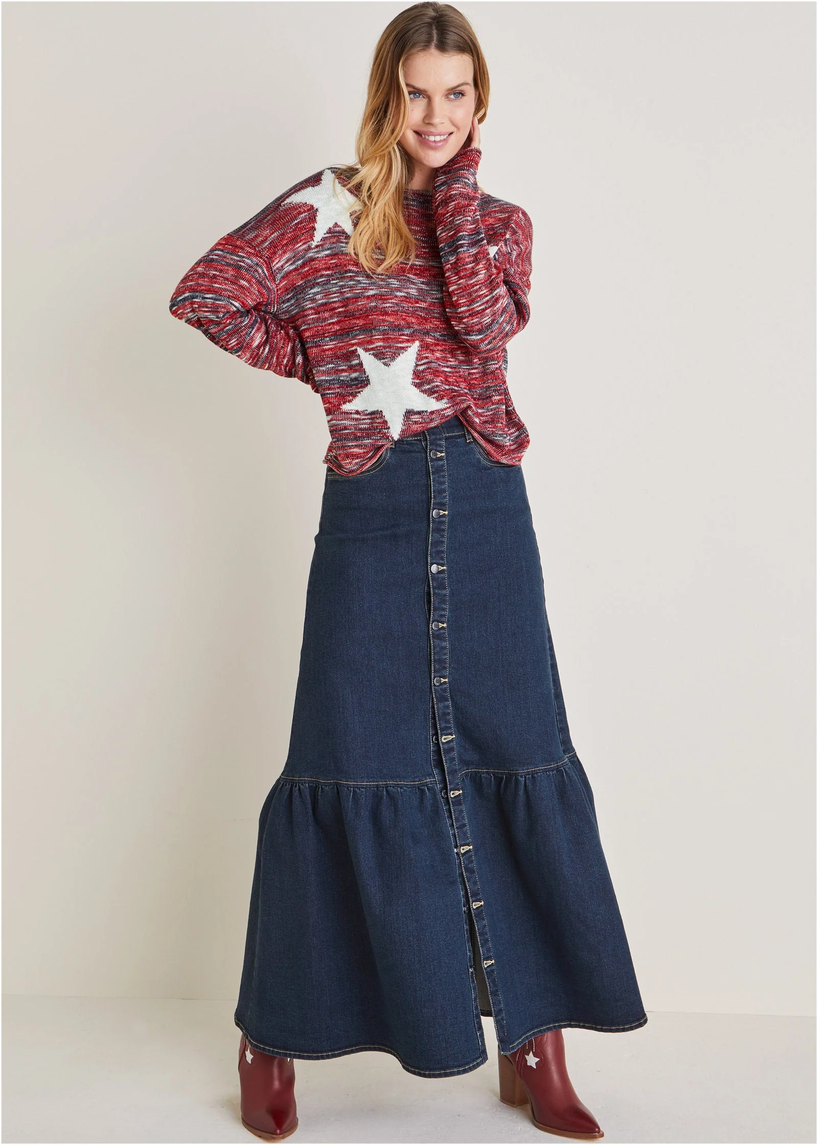 Cotton Slub Star Sweater - Racing Red Multi - Image 2