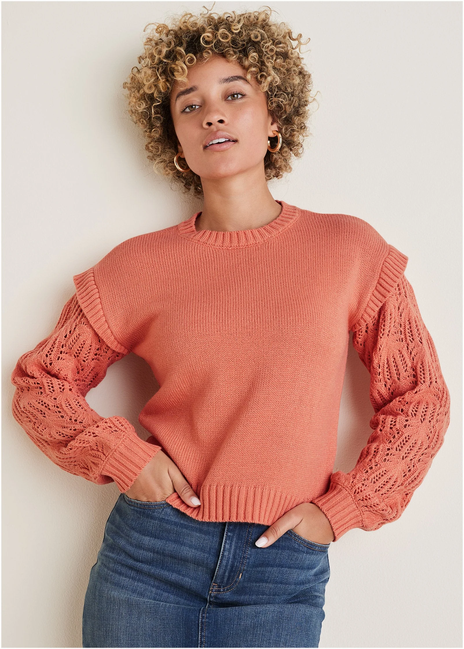 Pointelle Sleeve Crew Neck - Burnt Coral