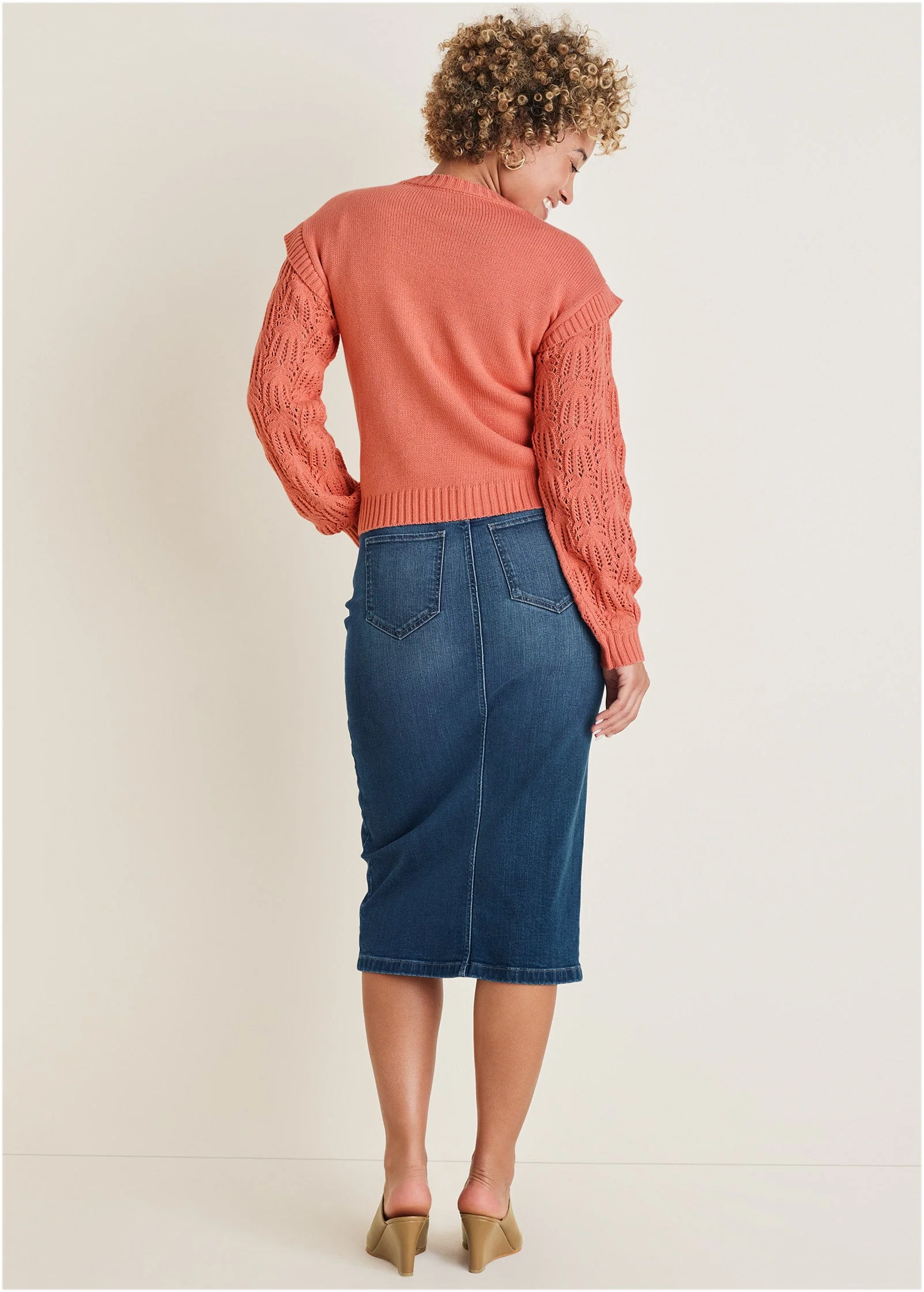 Pointelle Sleeve Crew Neck - Burnt Coral - Image 2