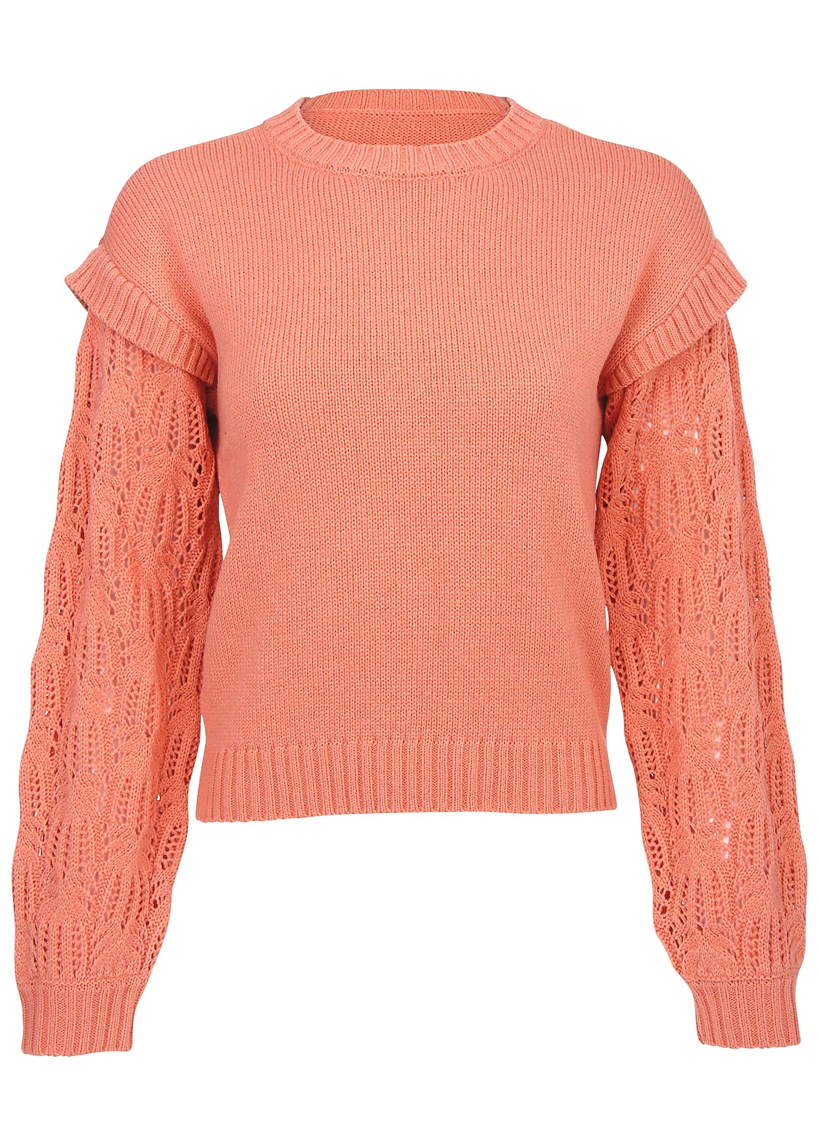 Pointelle Sleeve Crew Neck - Burnt Coral - Image 3