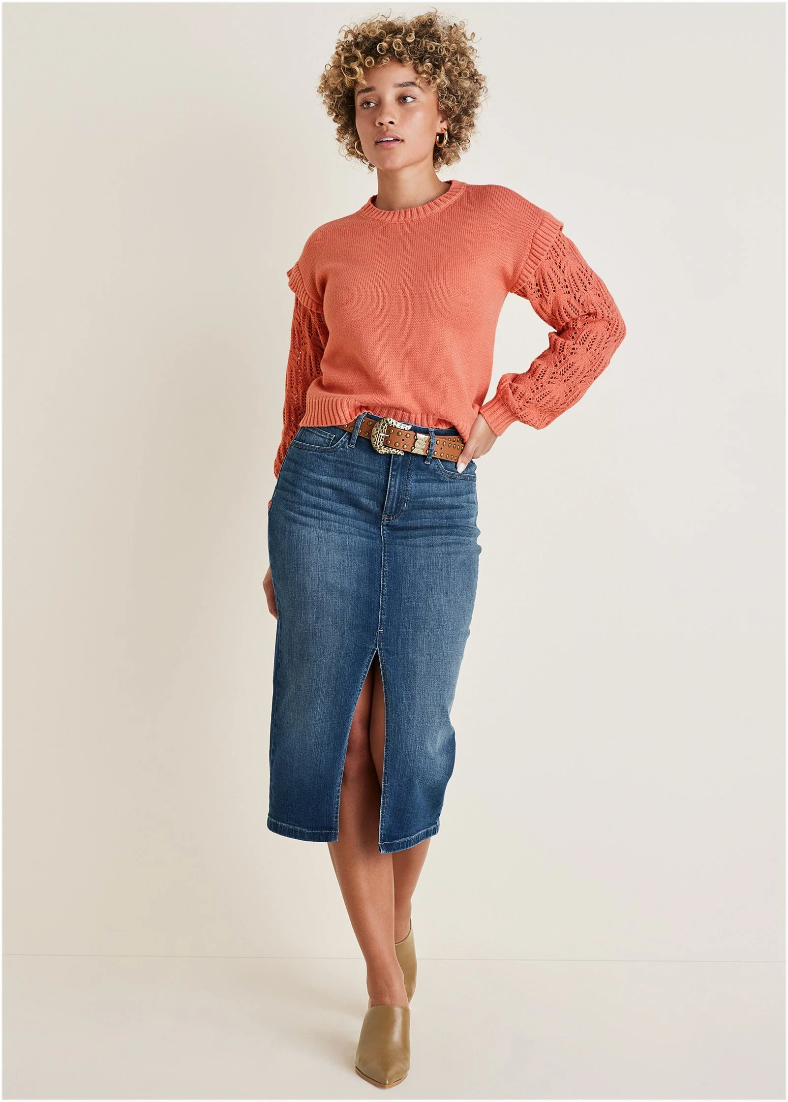 Pointelle Sleeve Crew Neck - Burnt Coral - Image 4