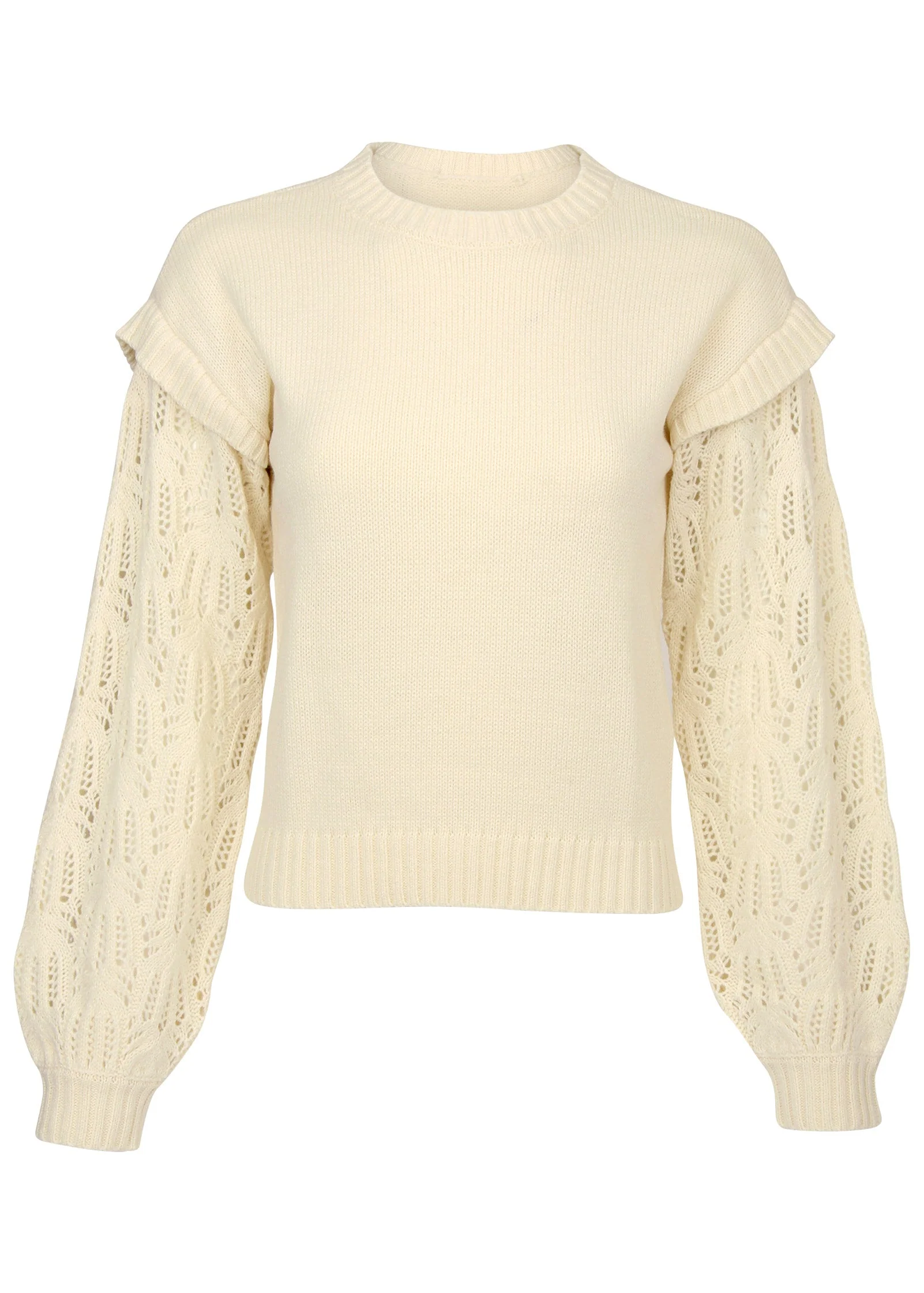 Pointelle Sleeve Crew Neck - Off White - Image 4