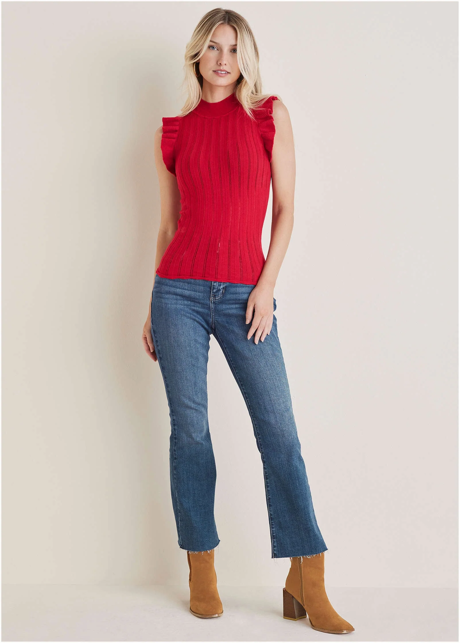 Ruffle Mock Neck Sweater - Haute Red - Image 3
