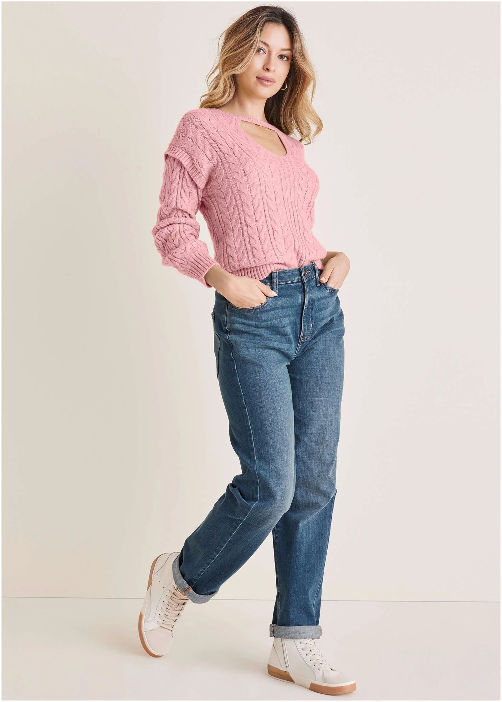 Cable Knit Cut-Out Sweater - Bleached Mauve - Image 2