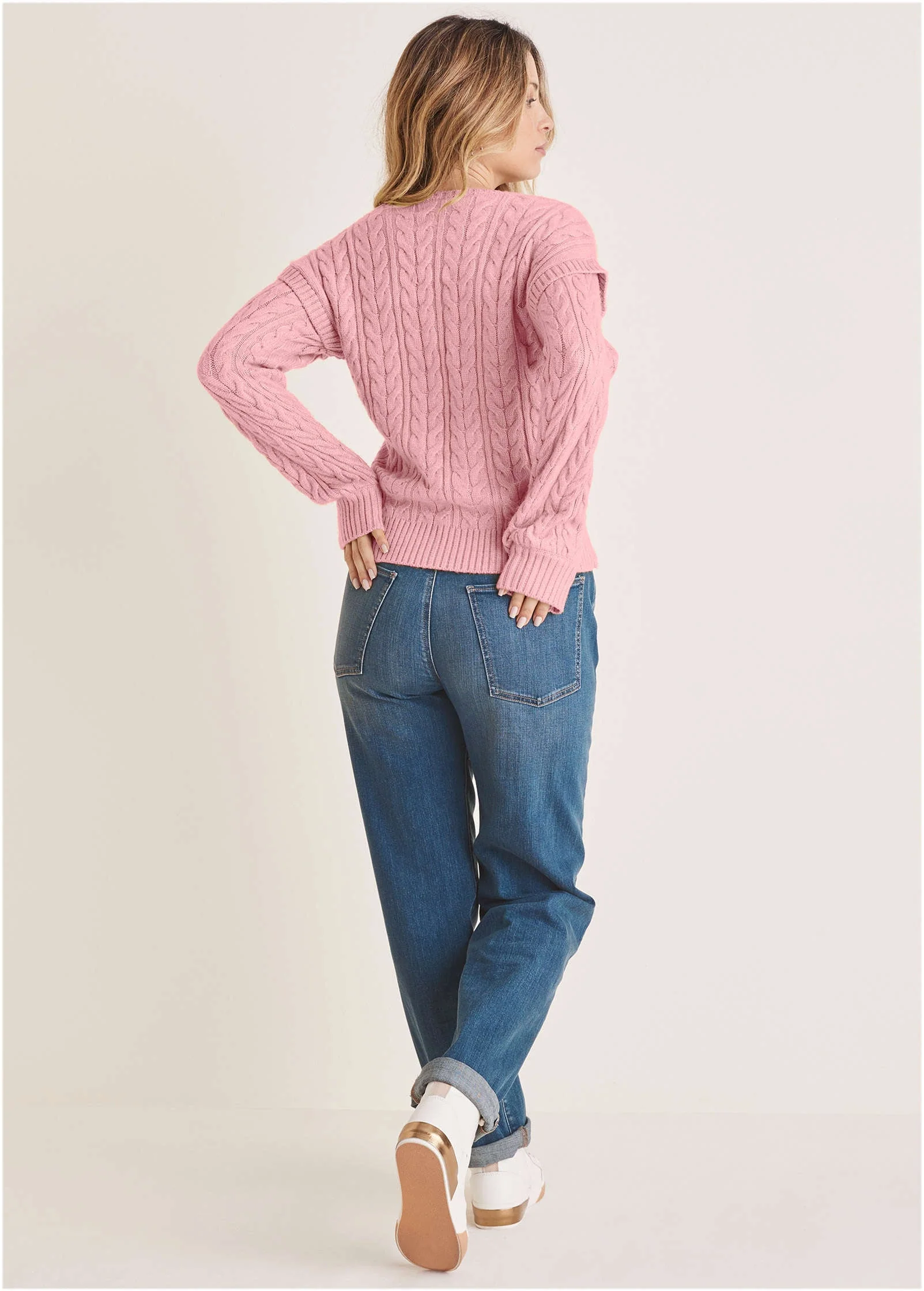 Cable Knit Cut-Out Sweater - Bleached Mauve - Image 3