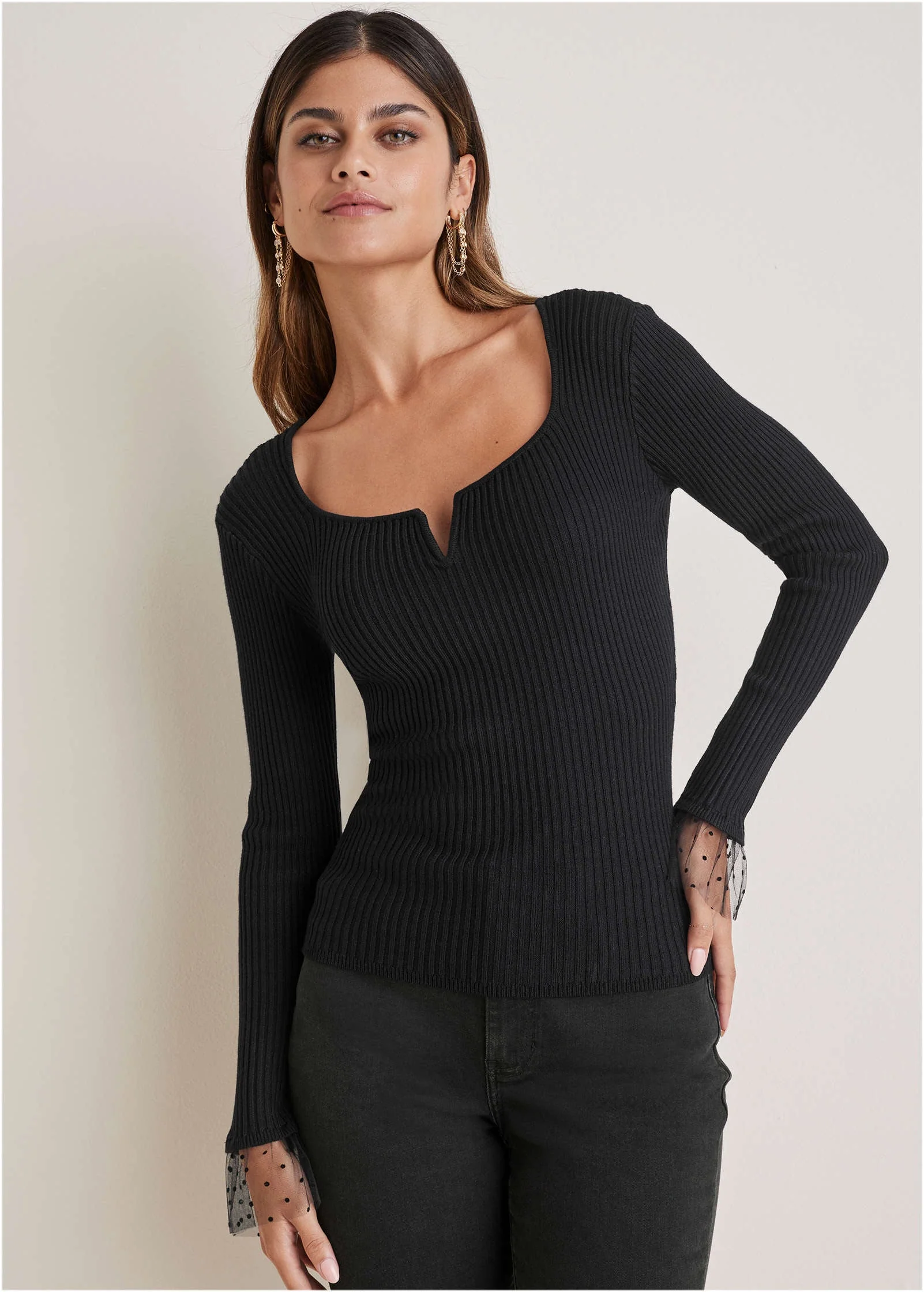 Ribbed Organza Sweater  - Jet Black - Image 2