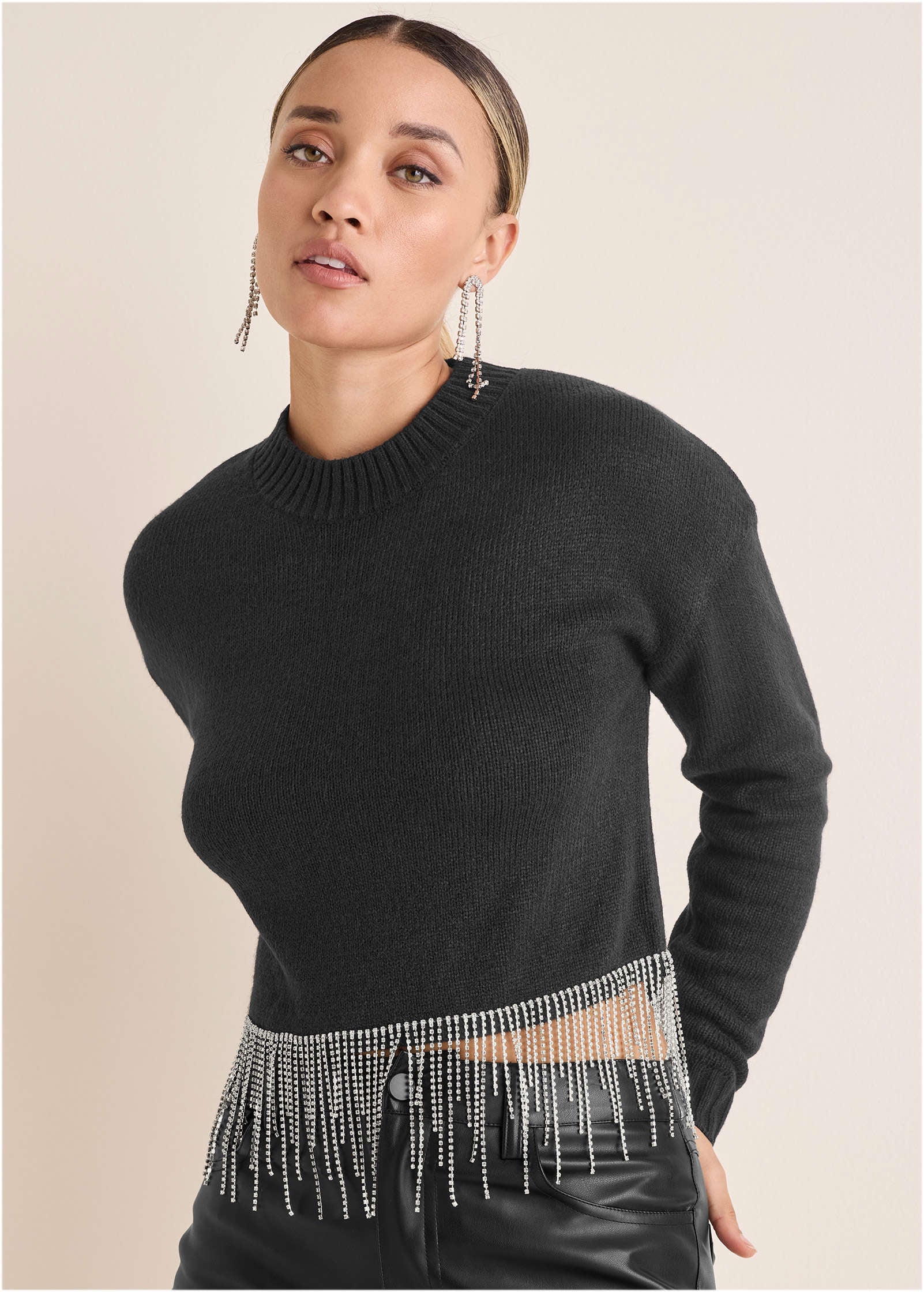 Rhinestone Trim Sweater  - Jet Black