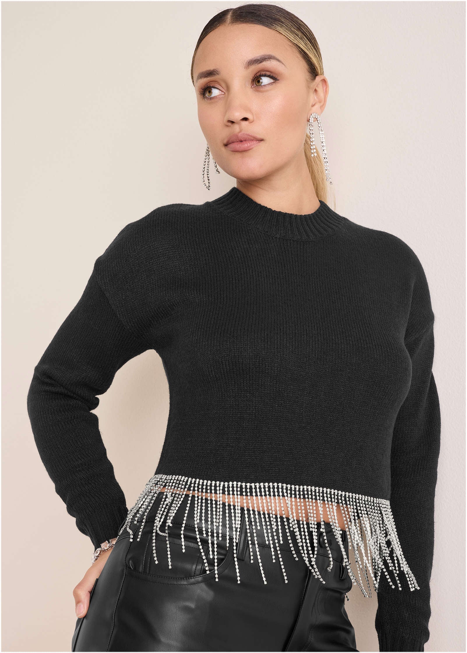Rhinestone Trim Sweater  - Jet Black - Image 4
