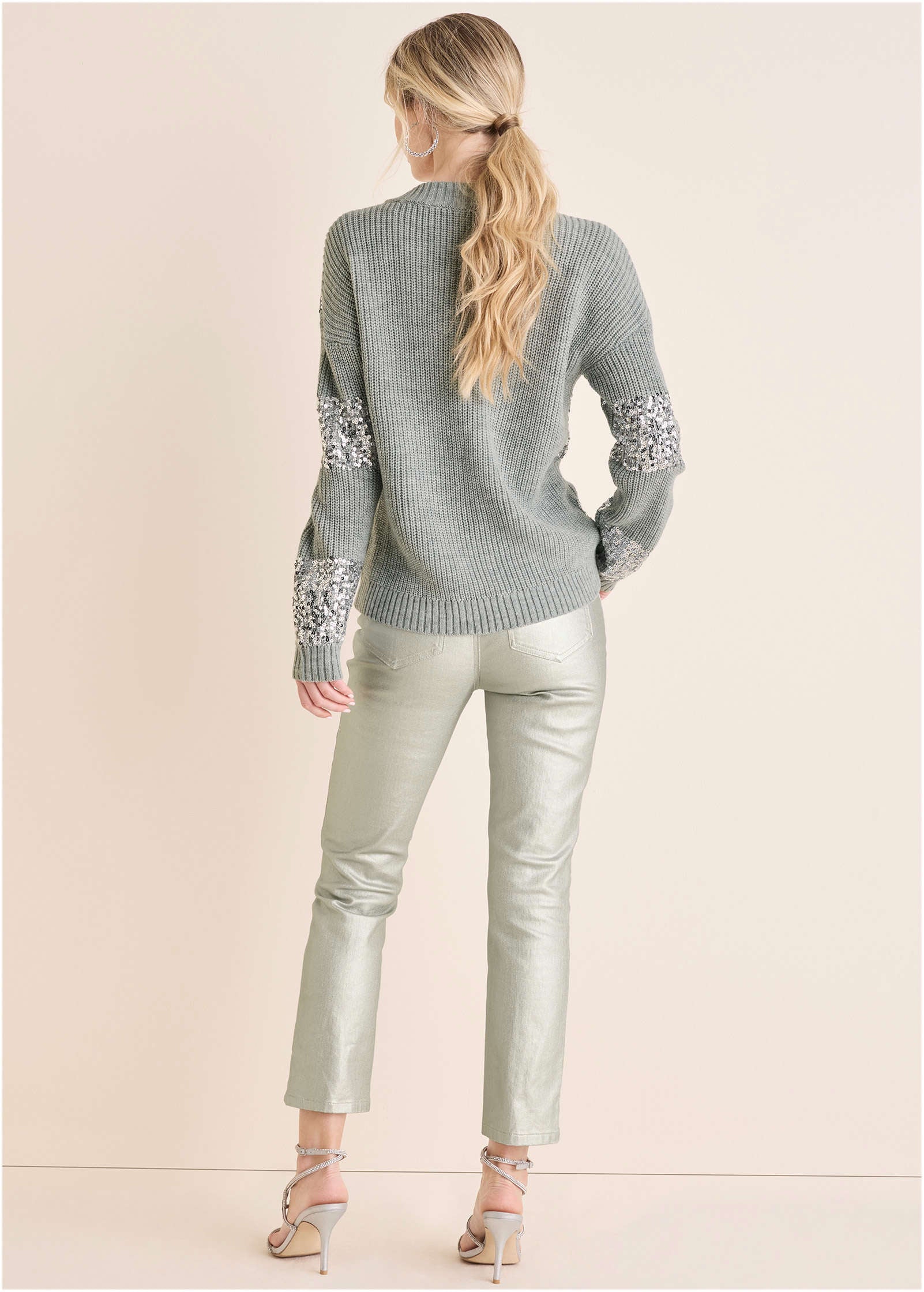 Sequin V-Neck Sweater  - Light Heather Grey - Image 3