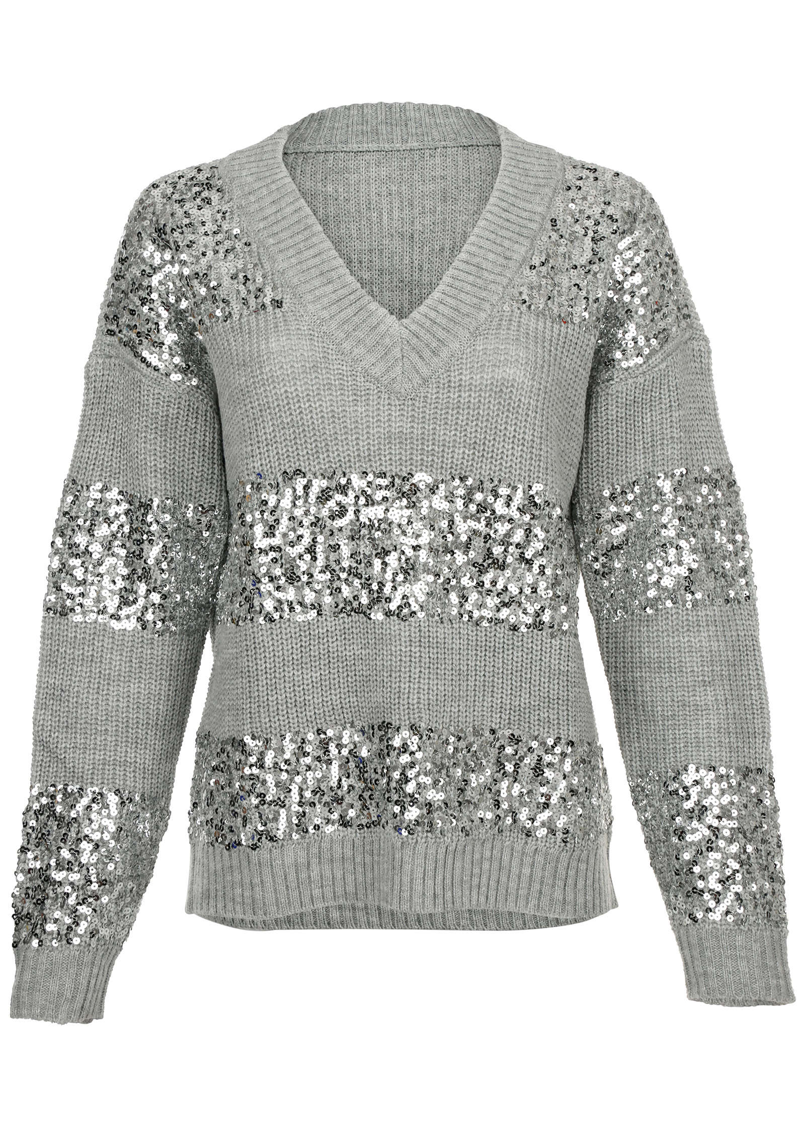 Sequin V-Neck Sweater  - Light Heather Grey - Image 5