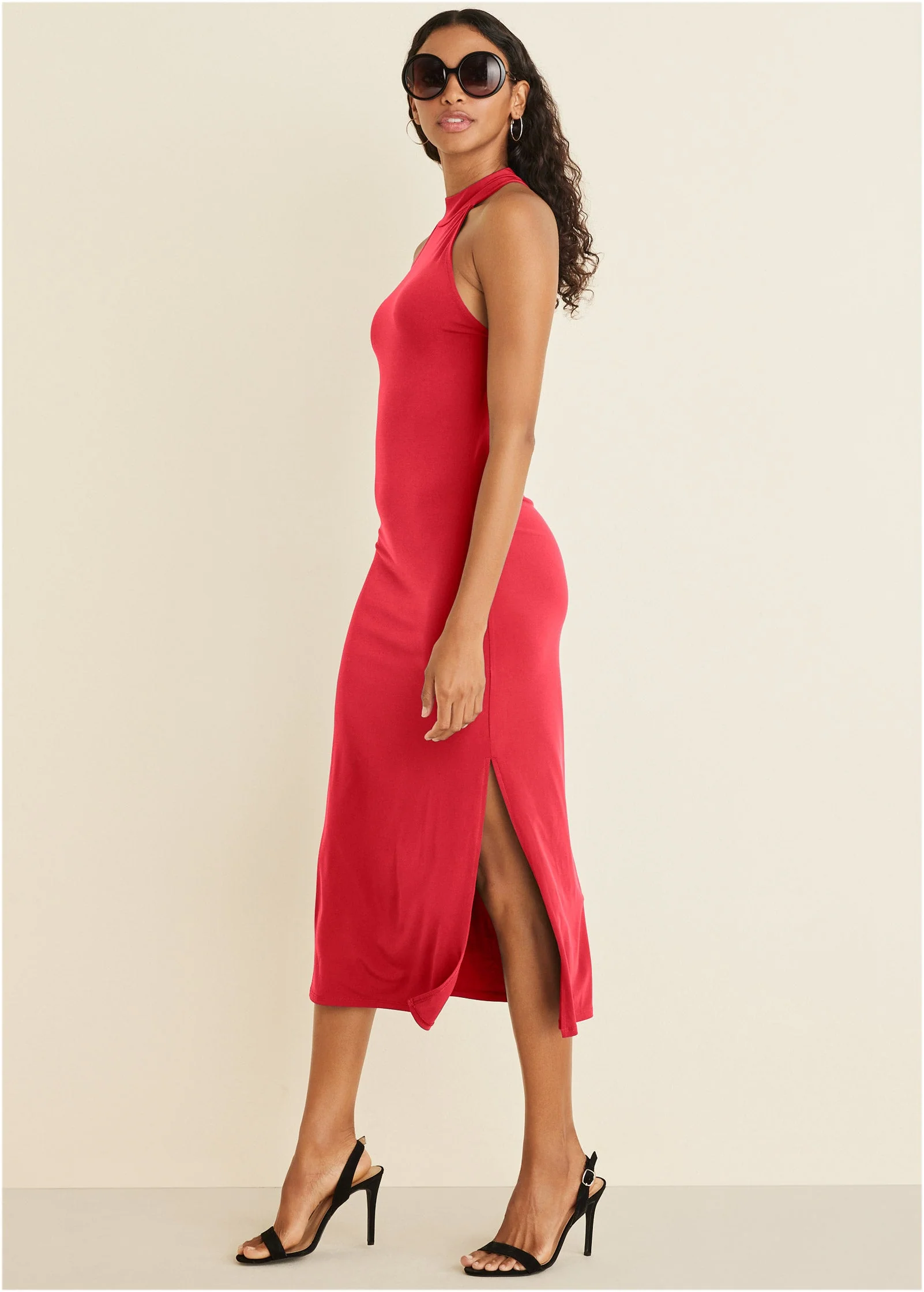 High Neck Midi Dress - Red - Image 3