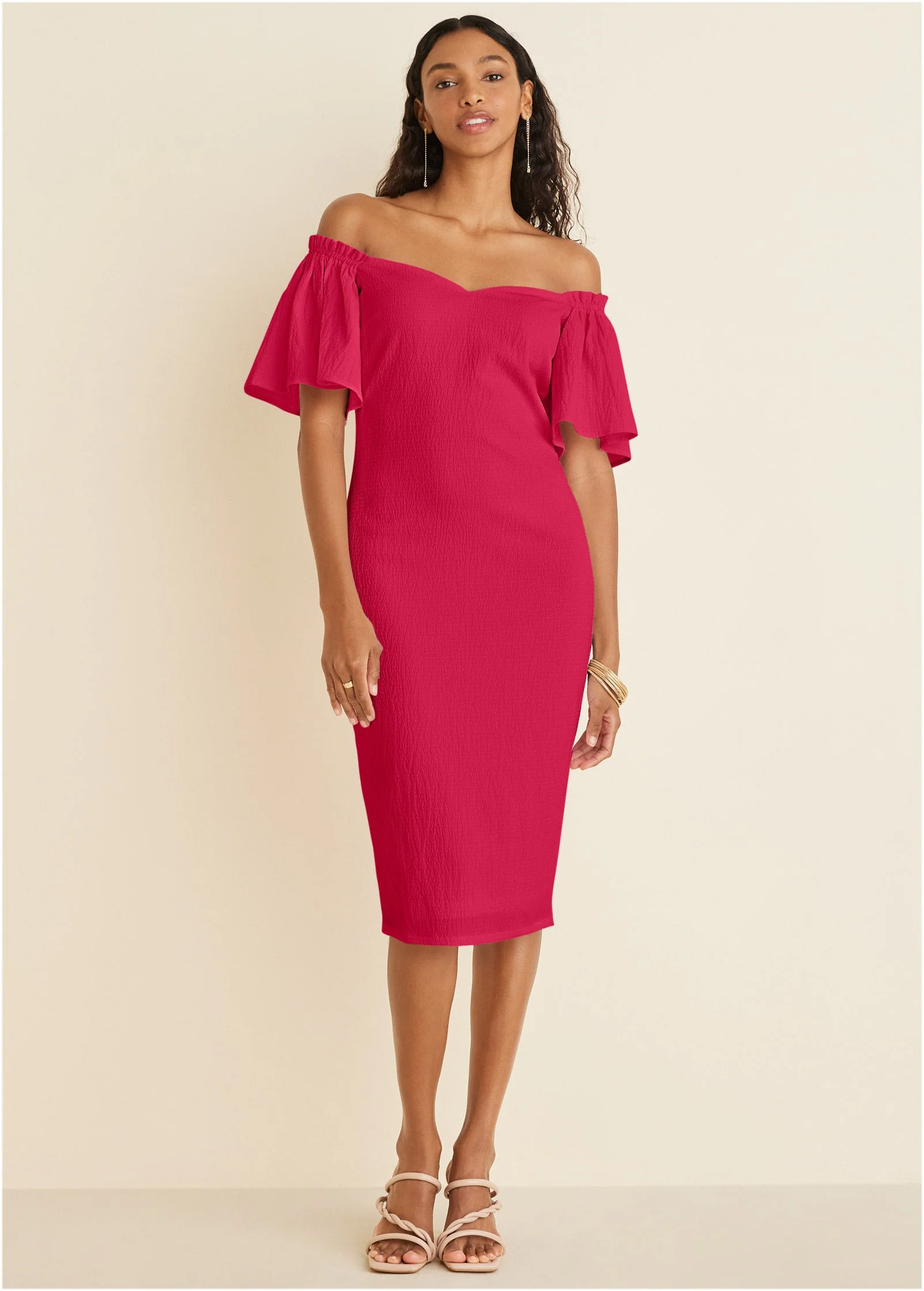 Fluted Satin Midi Dress - Red