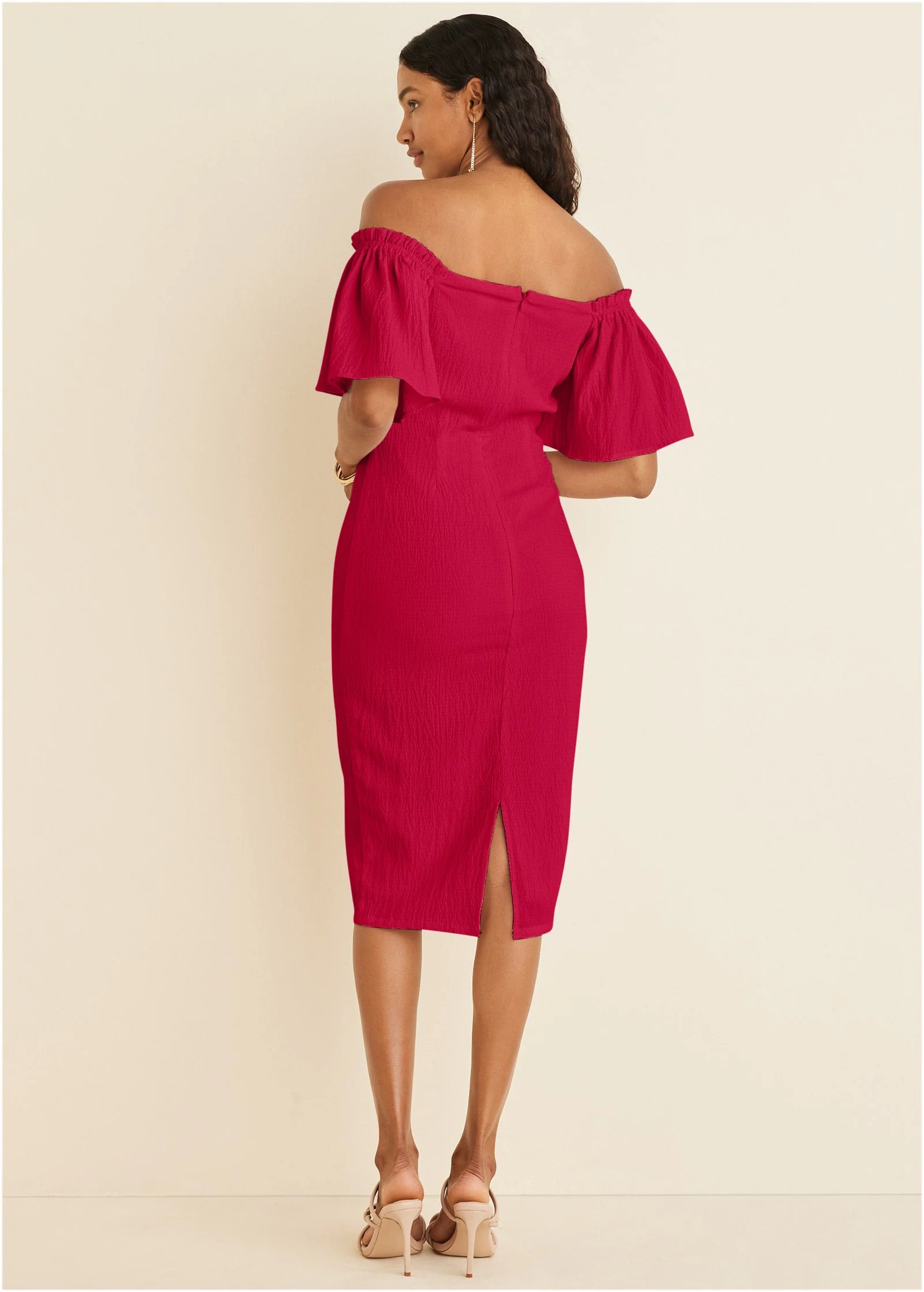Fluted Satin Midi Dress - Red - Image 2