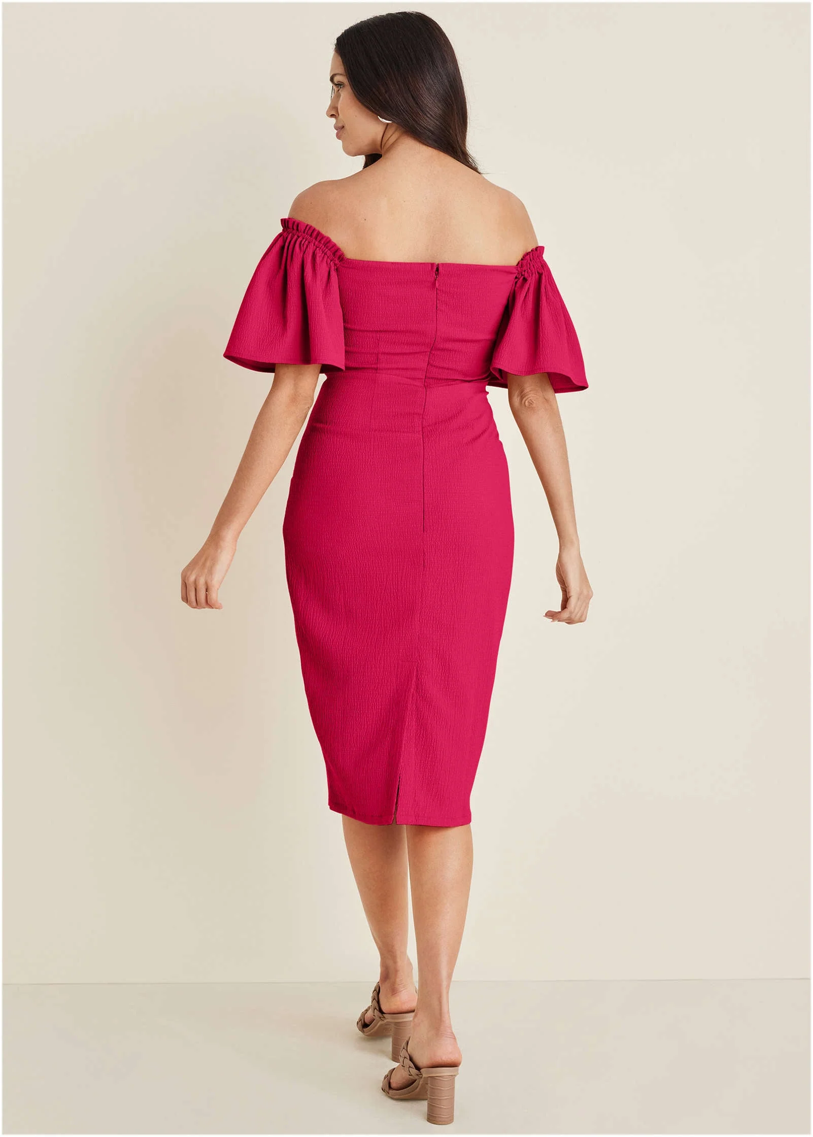 Fluted Satin Midi Dress - Dark Pink - Image 2