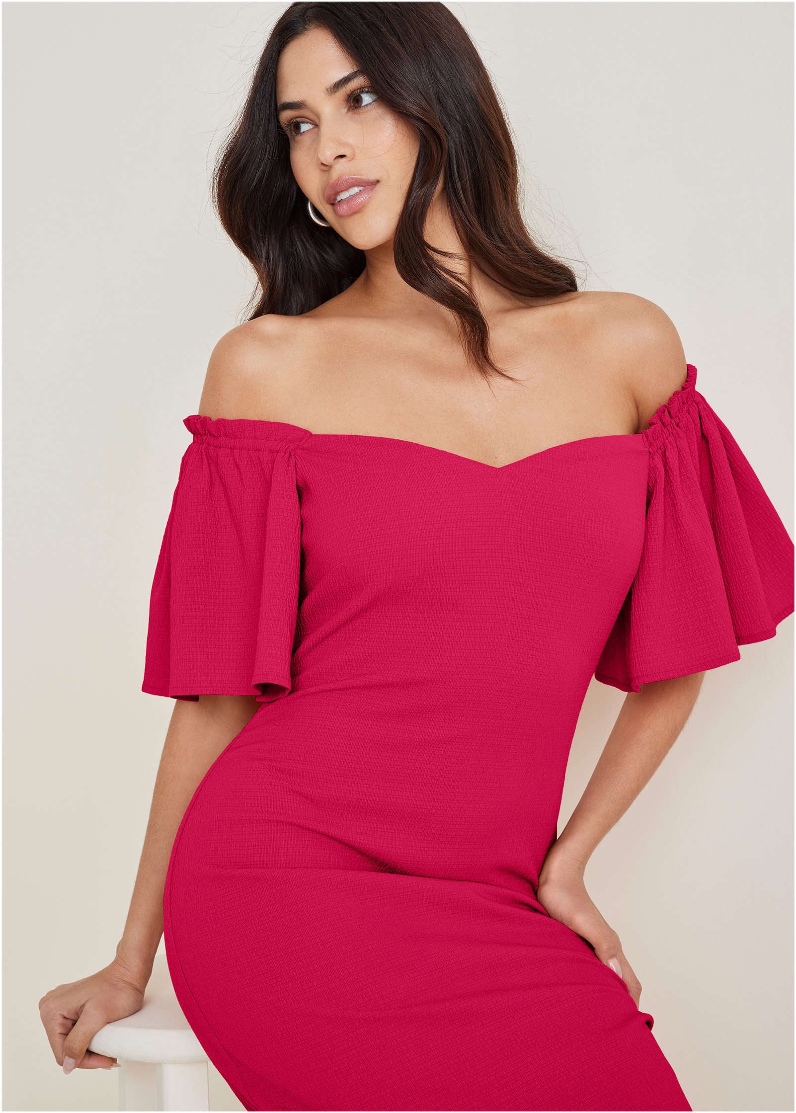 Fluted Satin Midi Dress - Dark Pink - Image 5