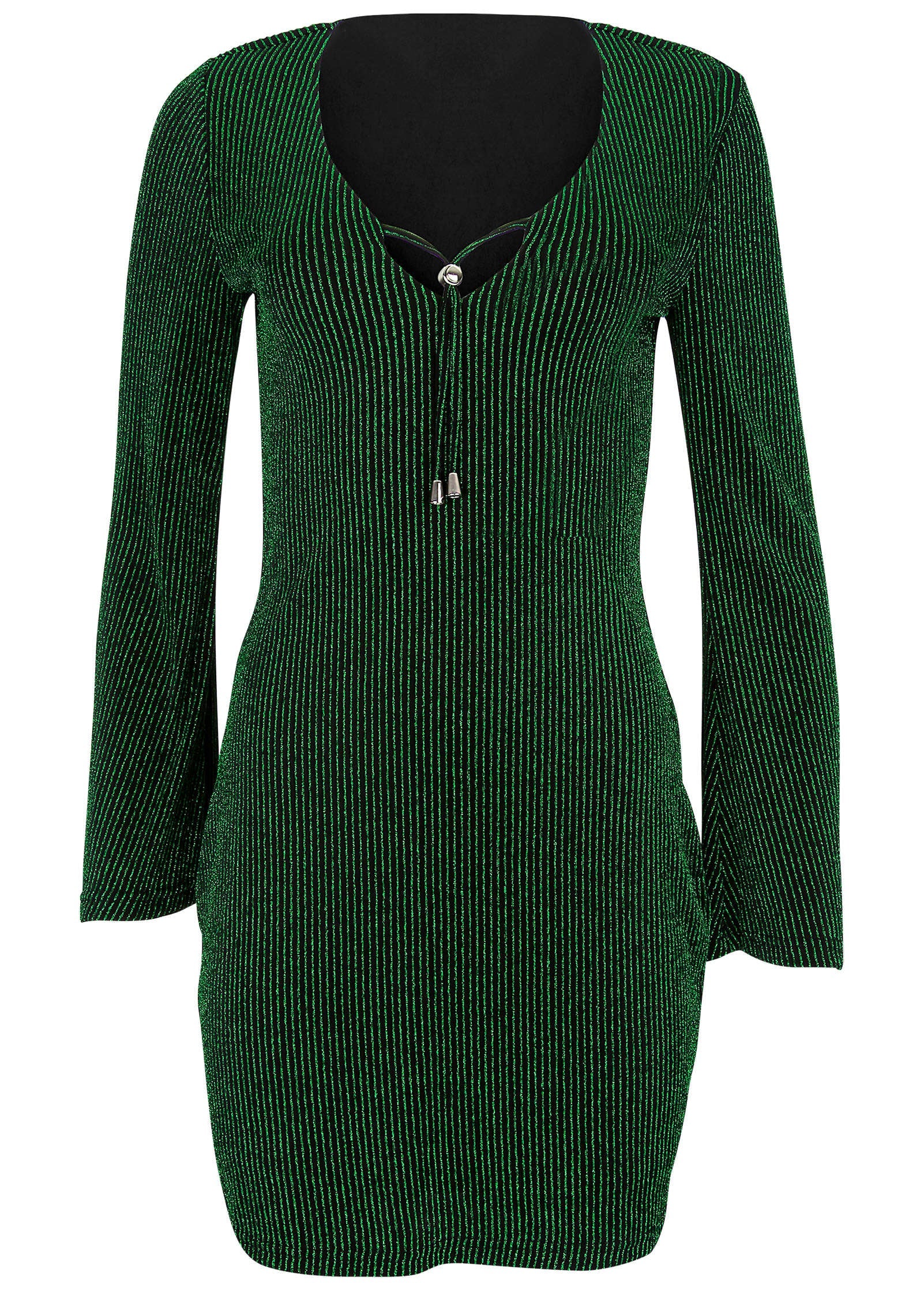 Bell Sleeve Shimmer Mini Dress - Black & Green Stripe - Image 4