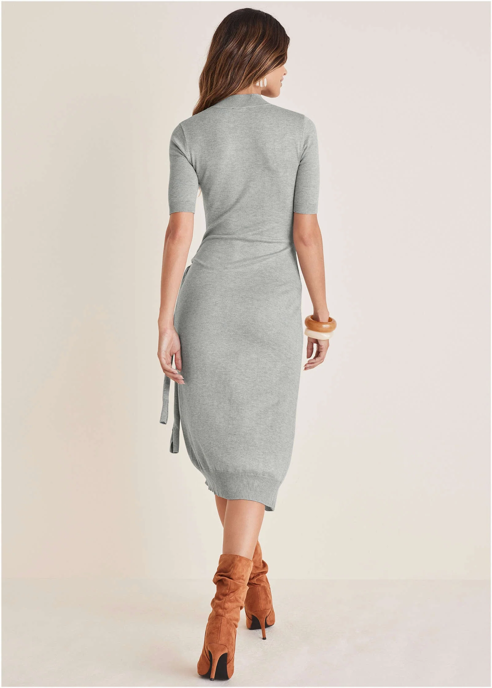 Tie Side Sweater Dress - Light Heather Grey - Image 2