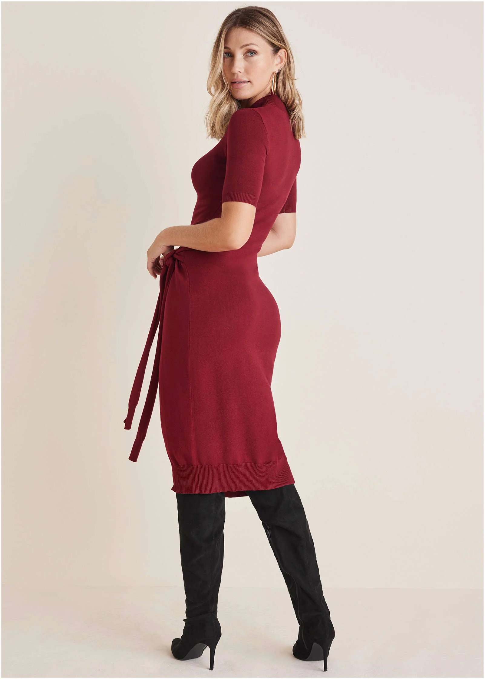 Tie Side Sweater Dress - Wine - Image 2