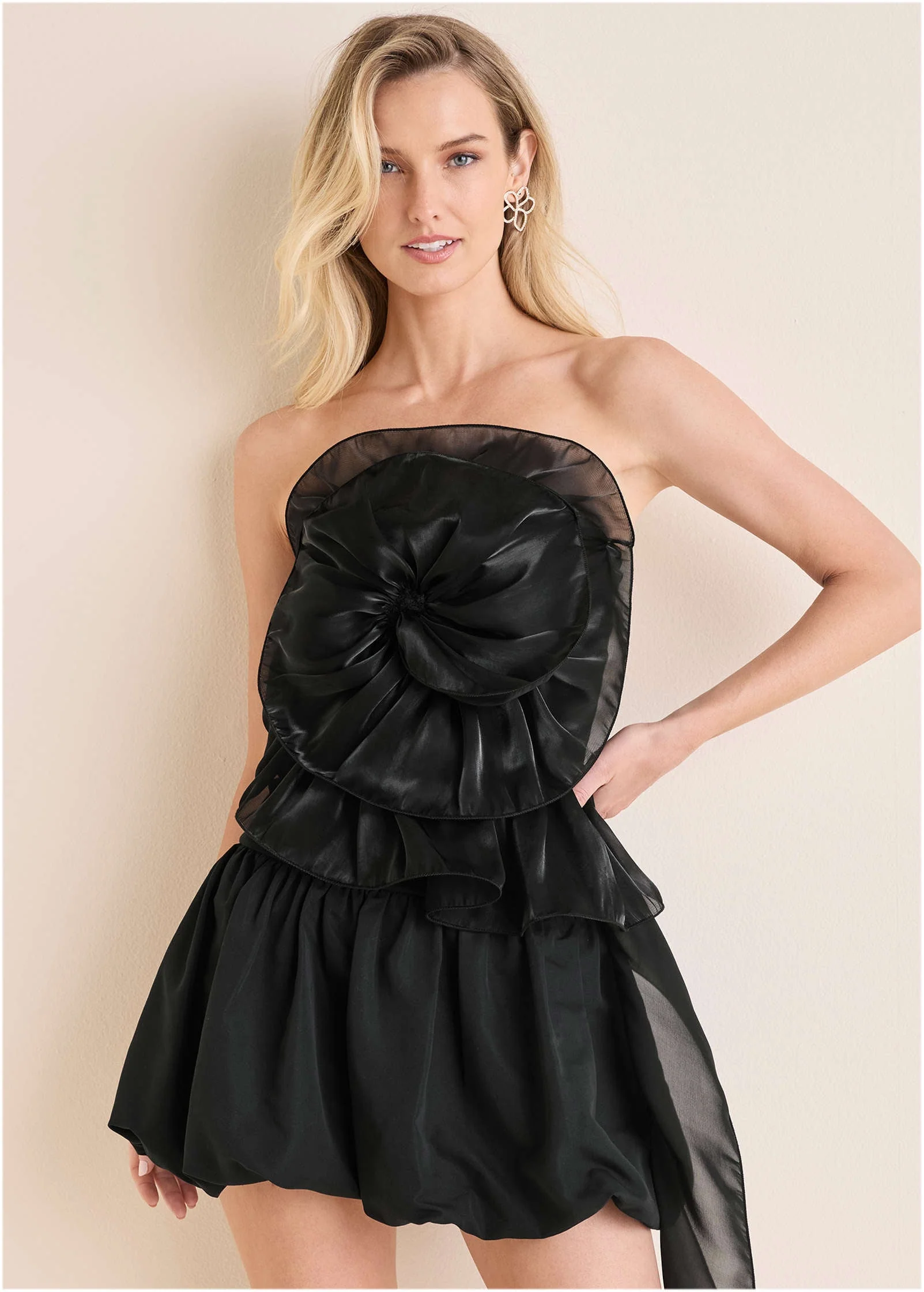 Rosette Bubble Mini Dress - Jet Black - Image 5