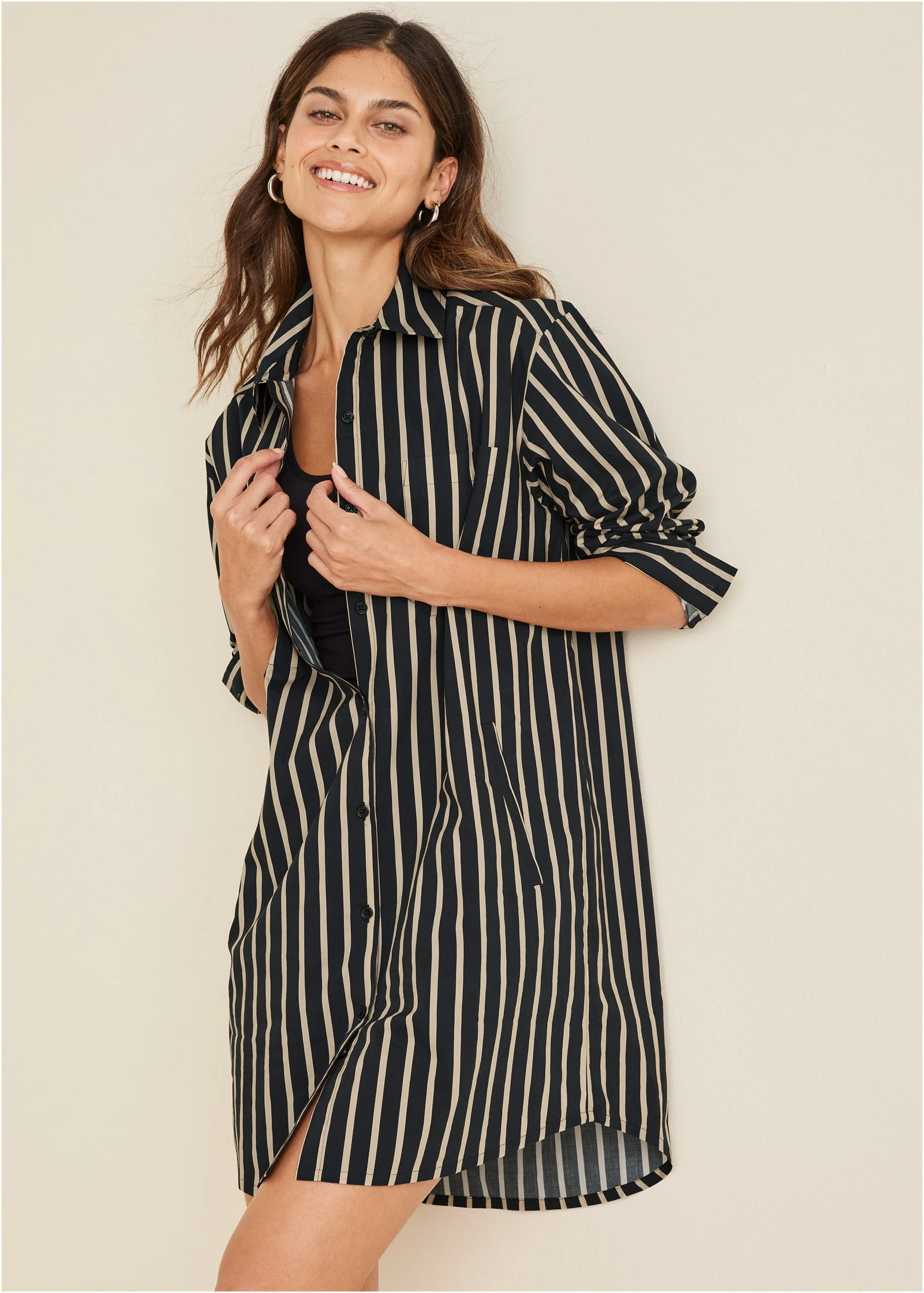 Shirt Dress - Tan Black Stripe - Image 3