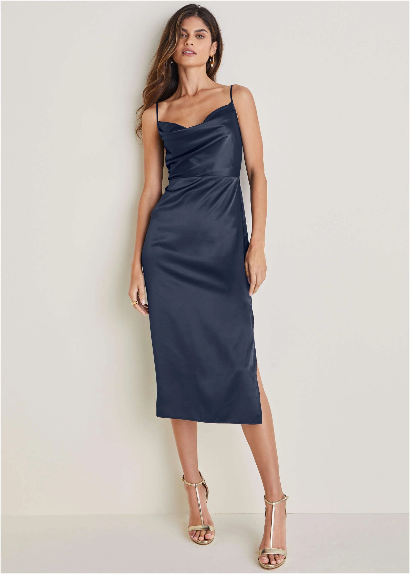 Cowl Neck Slip Dress - Navy - Image 3