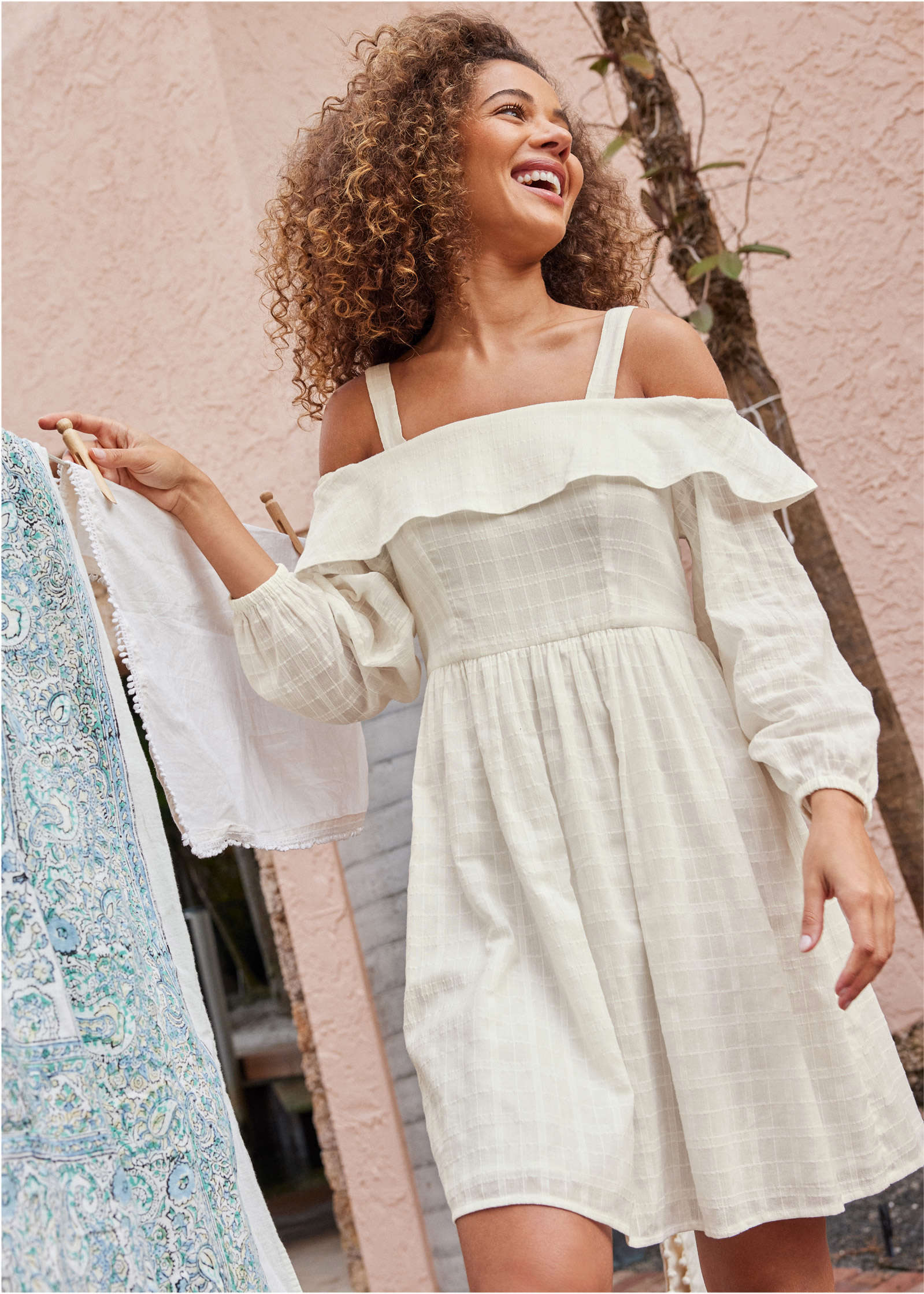 Cotton Dobby Off Shoulder Mini Dress  - Cloud Dancer