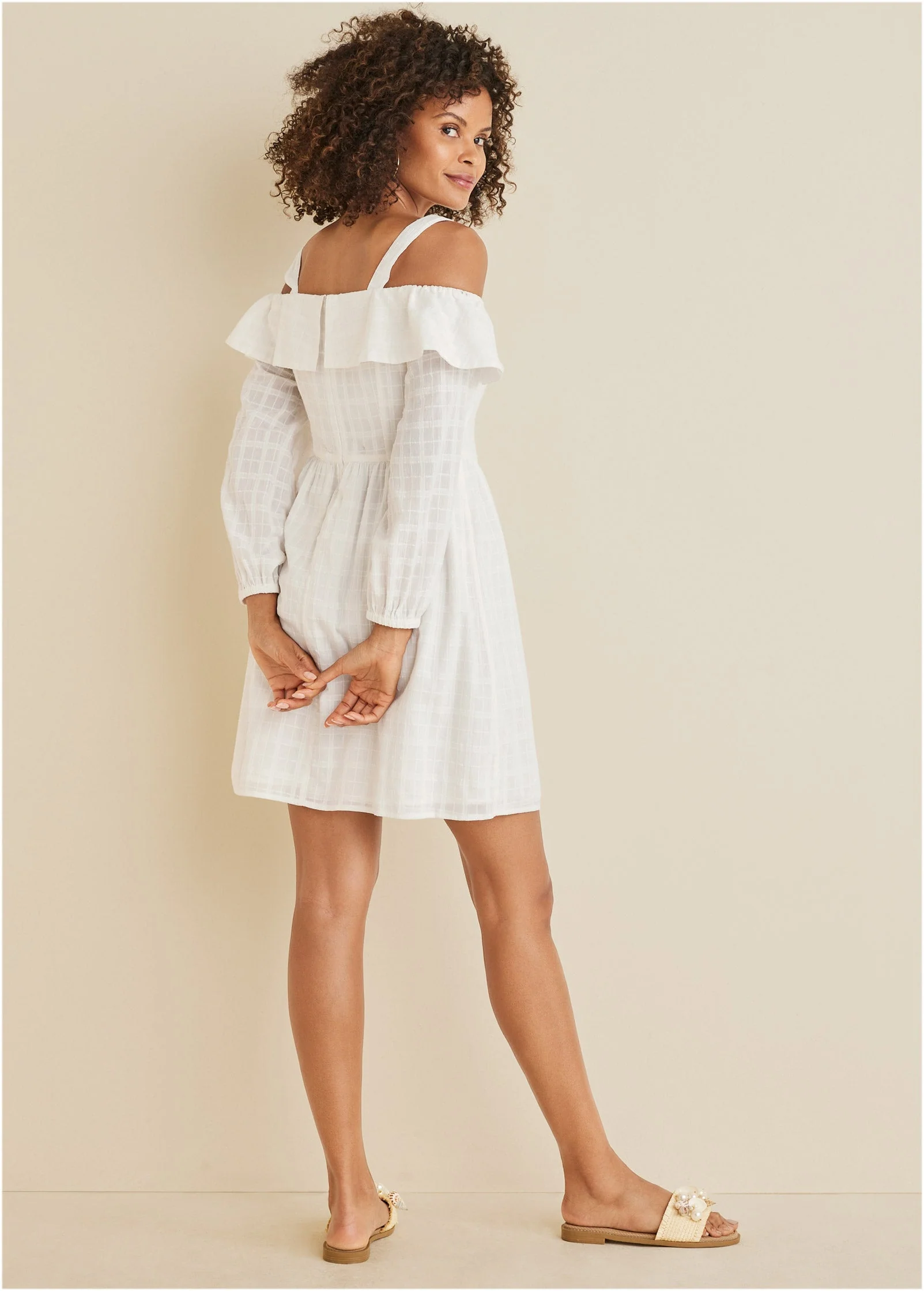 Cotton Dobby Off Shoulder Mini Dress  - Cloud Dancer - Image 2