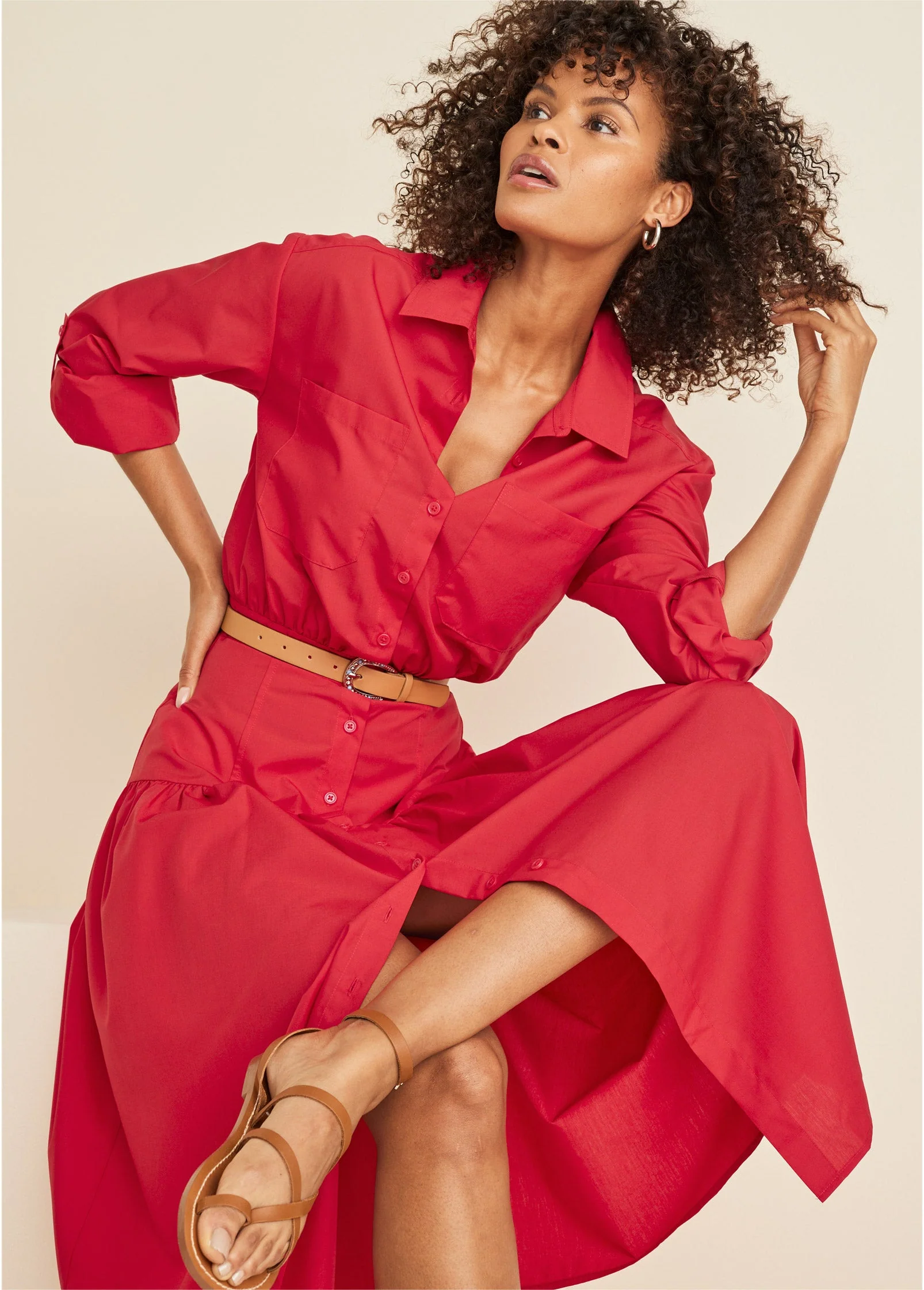 Collared Midi Dress - Red - Image 4