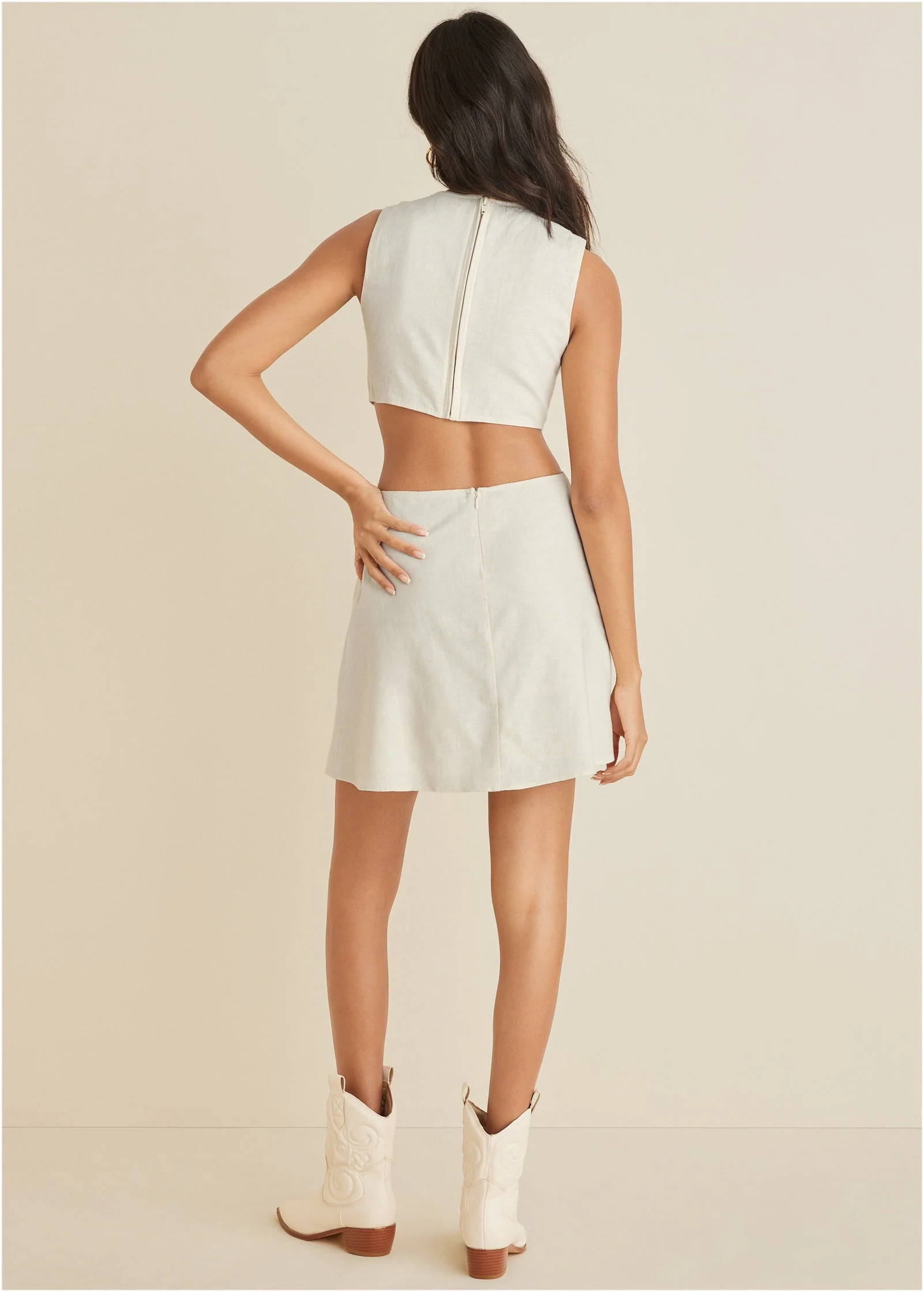Linen Cutout Mini Dress - Cream - Image 2