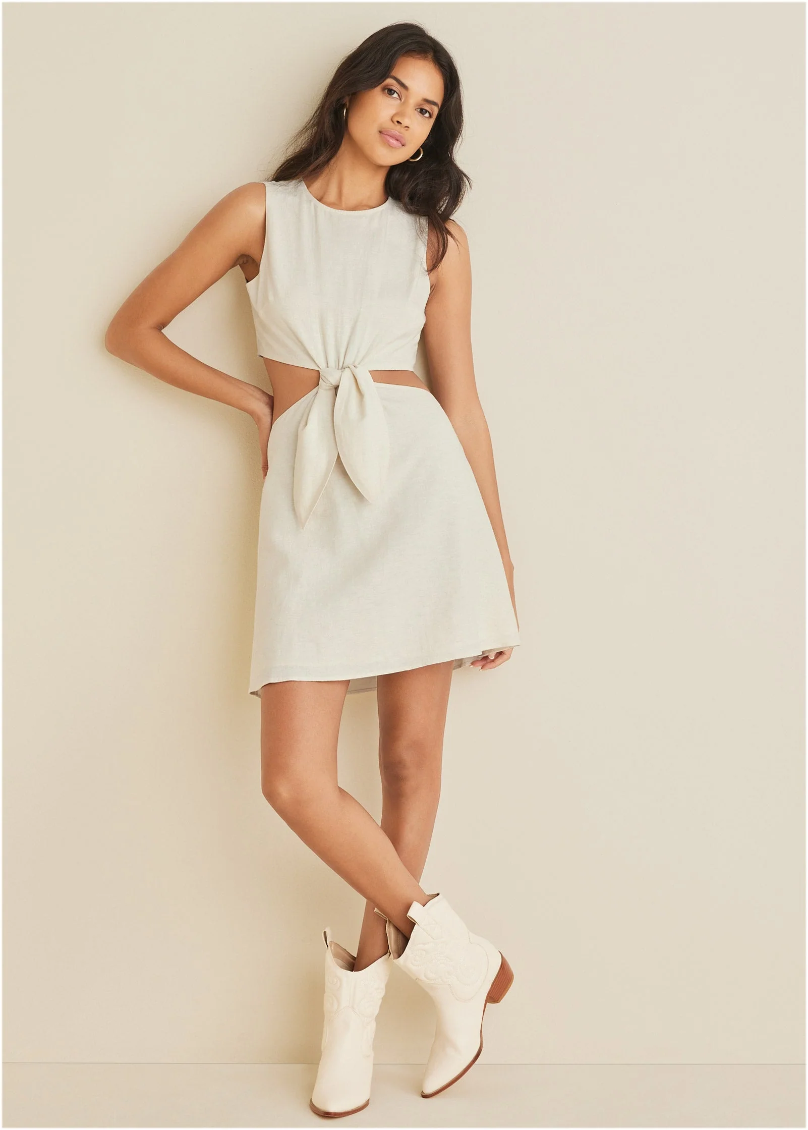 Linen Cutout Mini Dress - Cream - Image 5