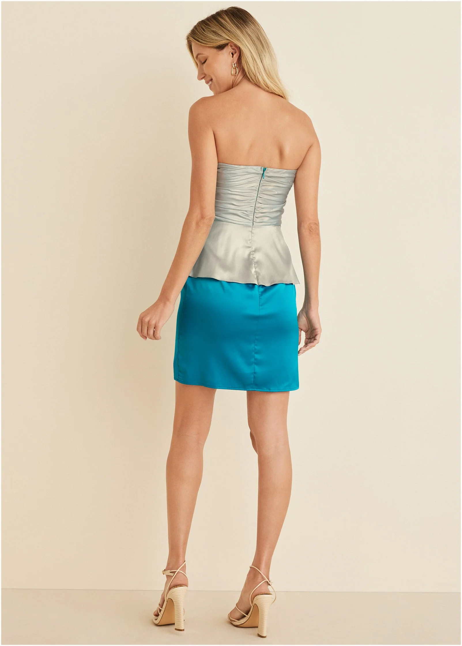 Shimmer Satin Peplum Dress - Teal - Image 2