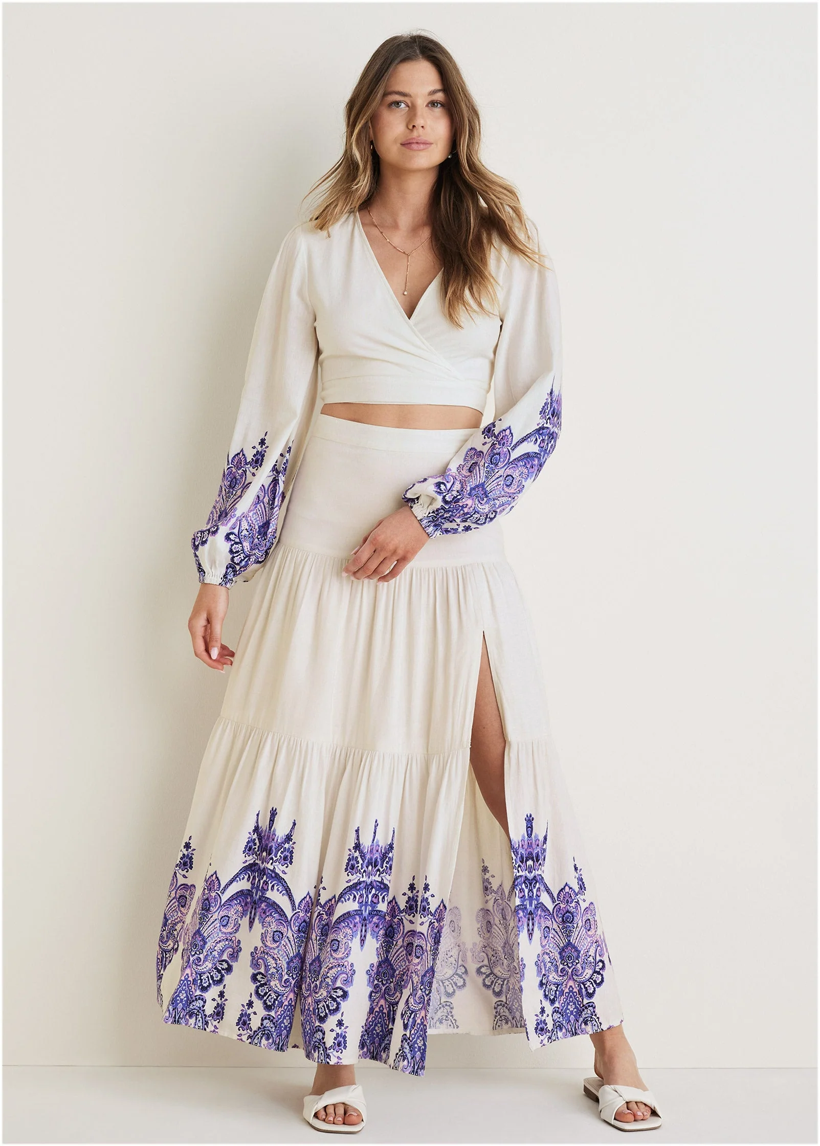 Printed Linen Two-Piece Set - Purple Paisley Border - Image 2