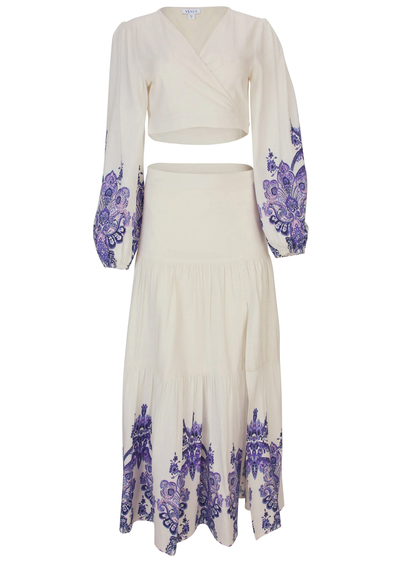 Printed Linen Two-Piece Set - Purple Paisley Border - Image 4