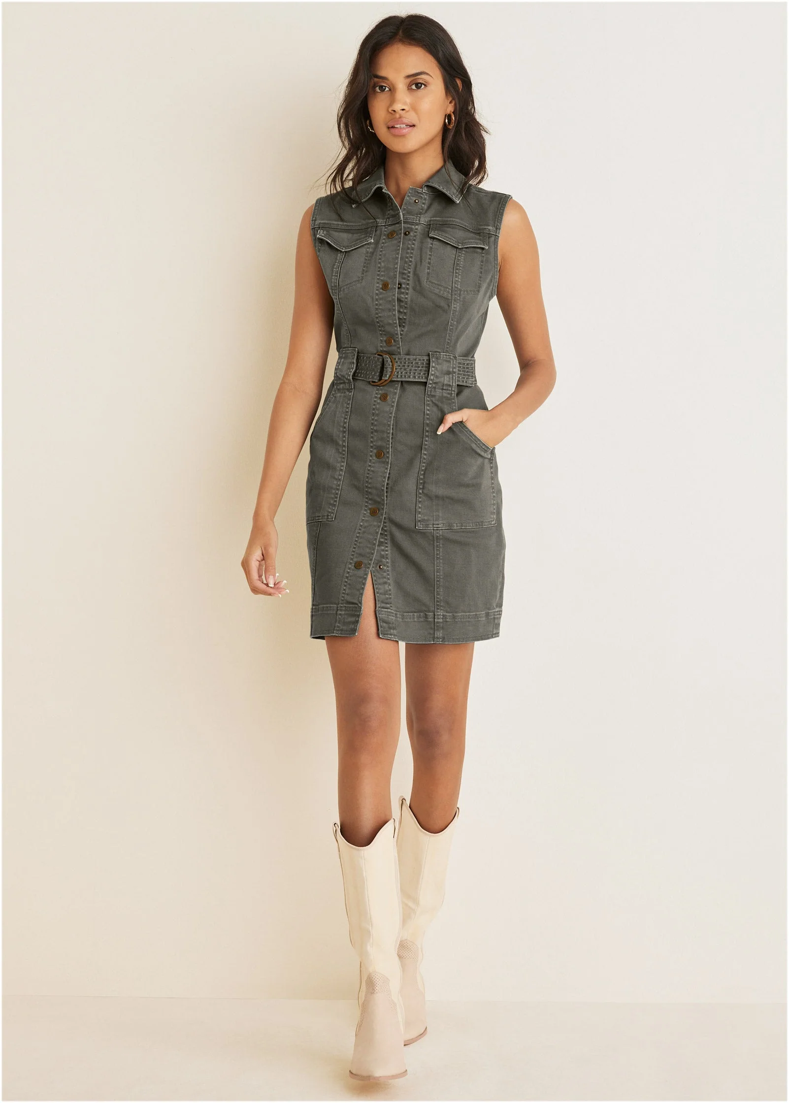Colored Twill Utility Dress - Olive - Image 2