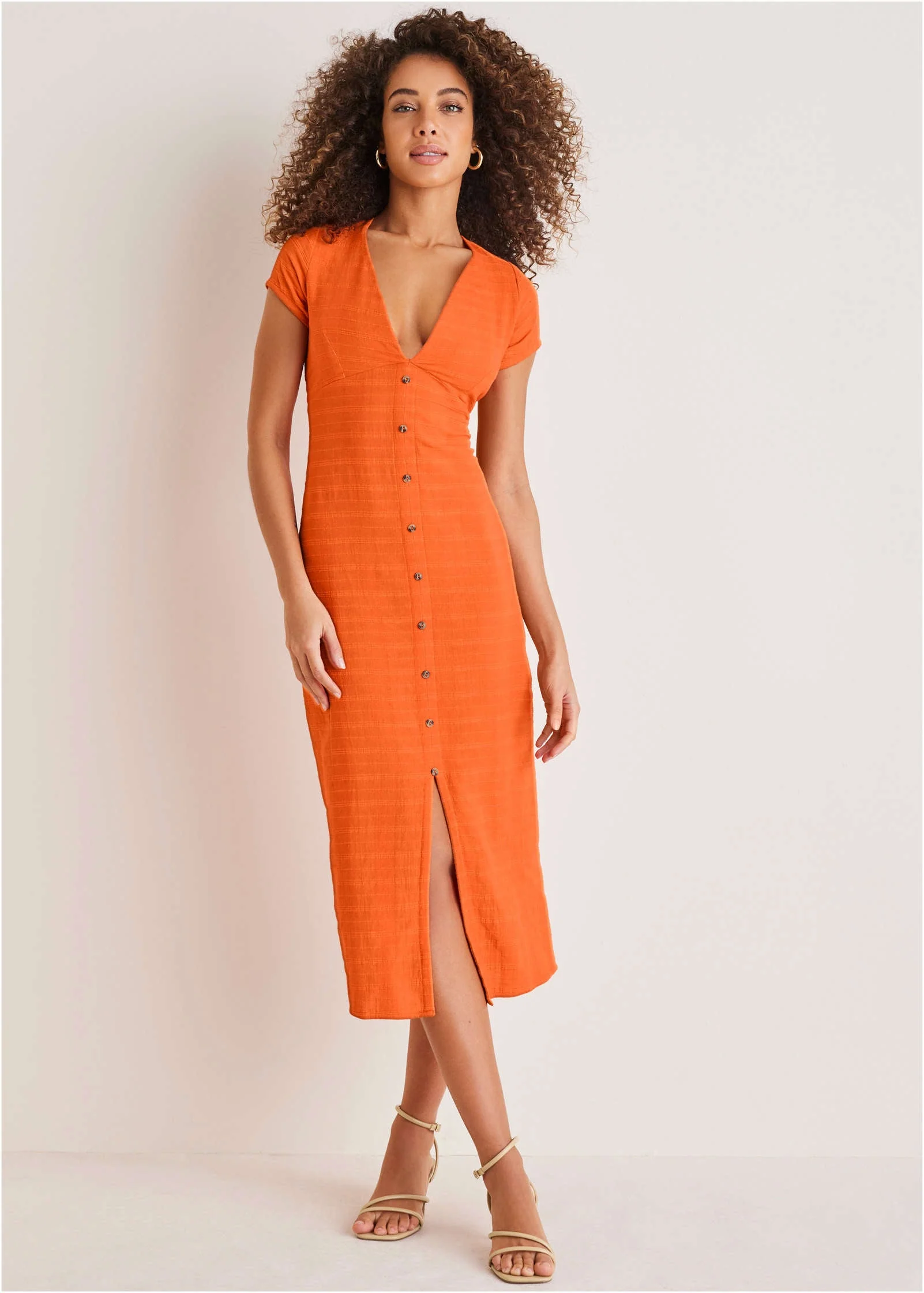Linen Midi Dress - Orange - Image 2