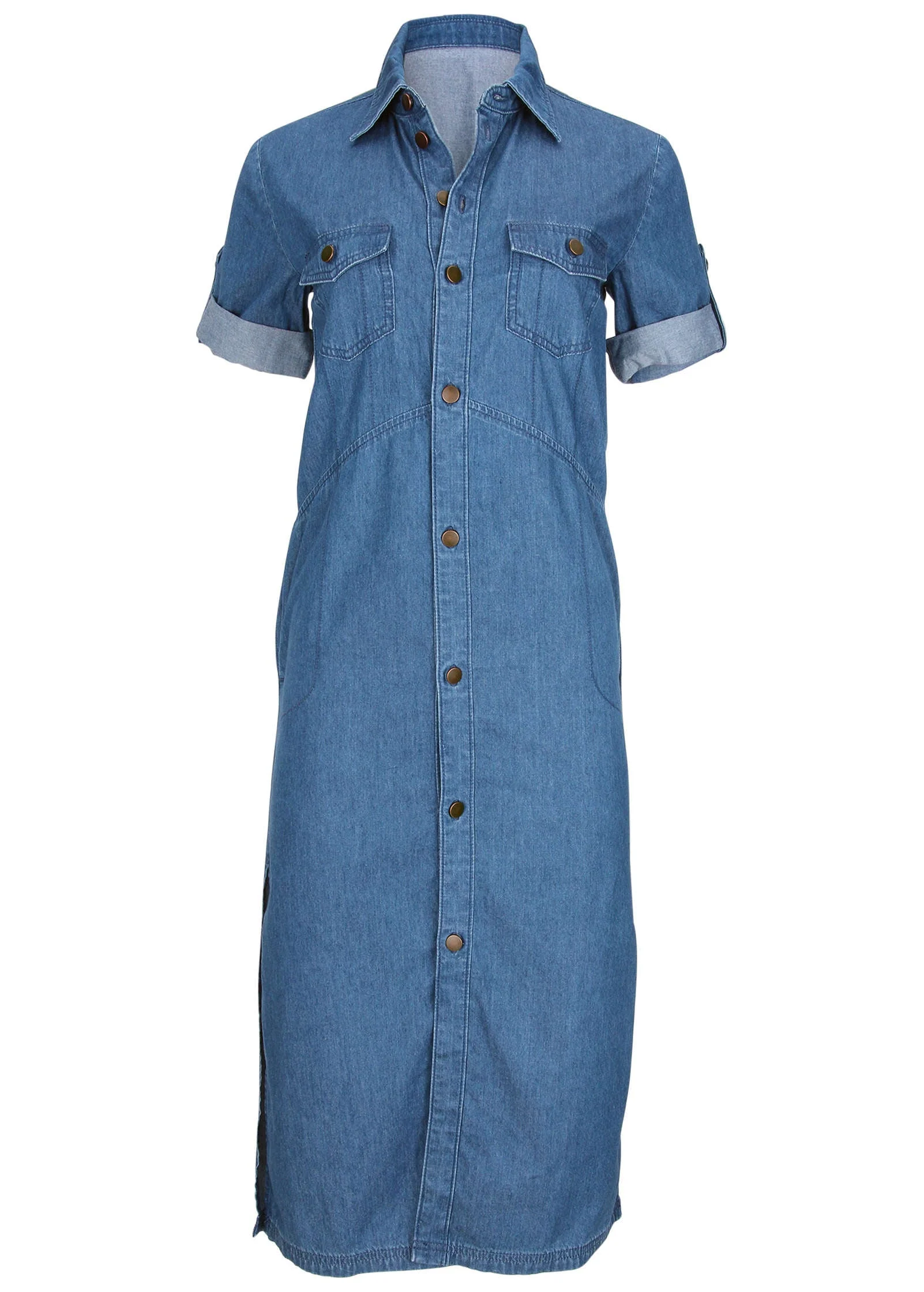 Denim Midi Shirt Dress - Medium Wash - Image 3