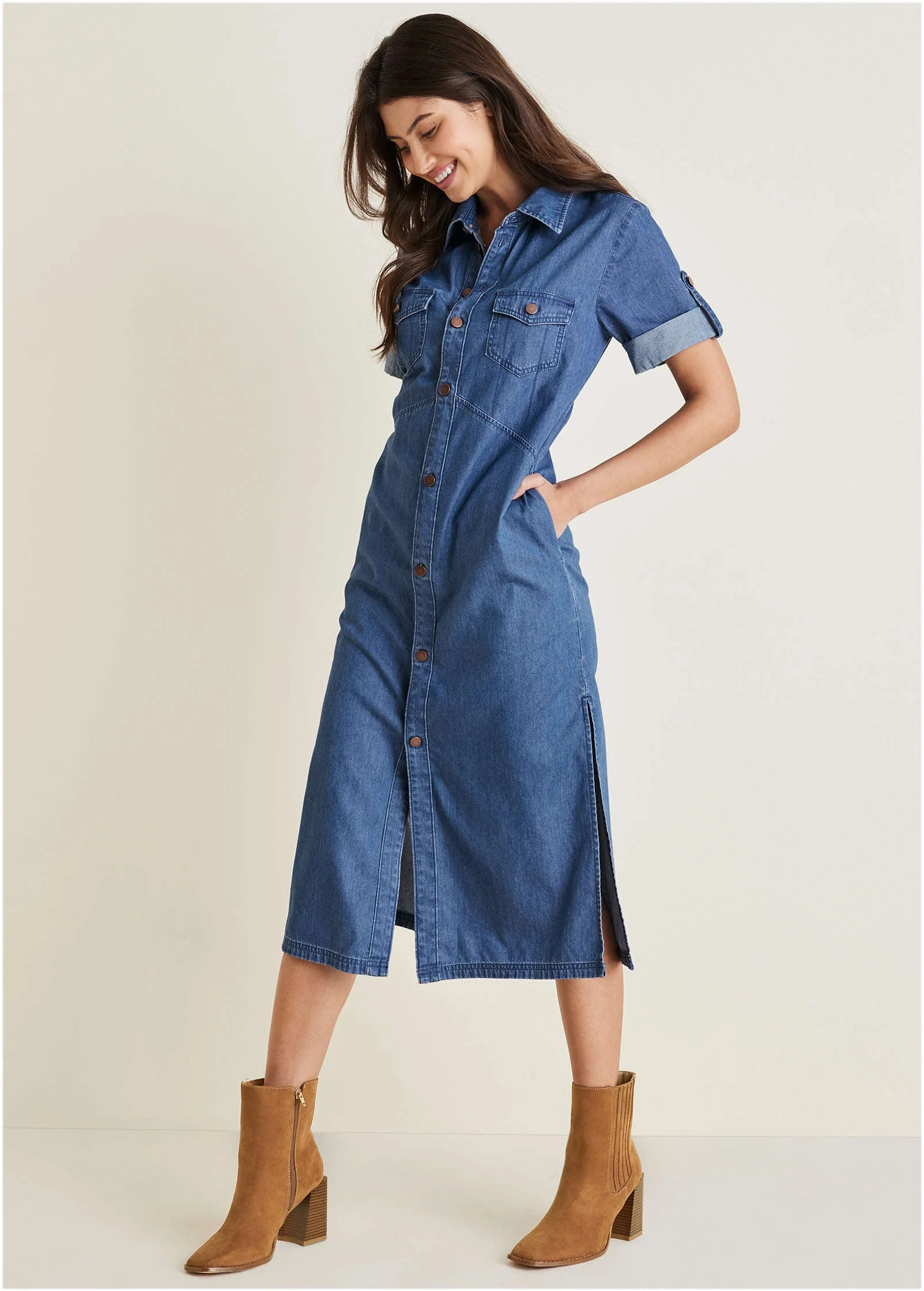 Denim Midi Shirt Dress - Medium Wash - Image 5