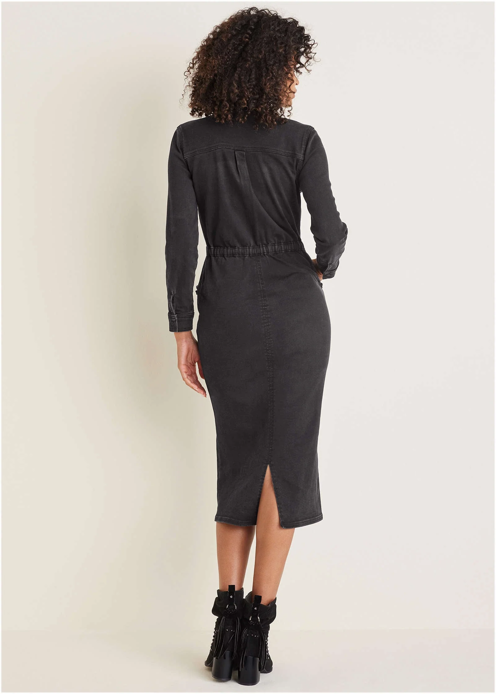 Ruffle Denim Midi Dress - Black Wash - Image 3